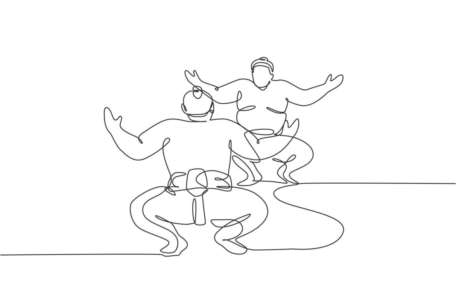 One continuous line drawing of two young big Japanese rikishi men prepare to fight at festival tournament. Traditional sumo sport concept. Dynamic single line draw design vector graphic illustration