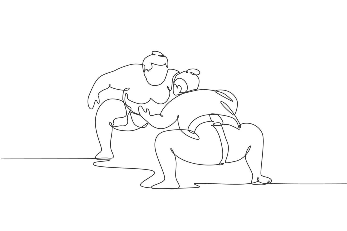 One single line drawing of two young overweight Japanese sumo man fighting at arena competition vector illustration. Traditional rikishi combative sport concept. Modern continuous line draw design