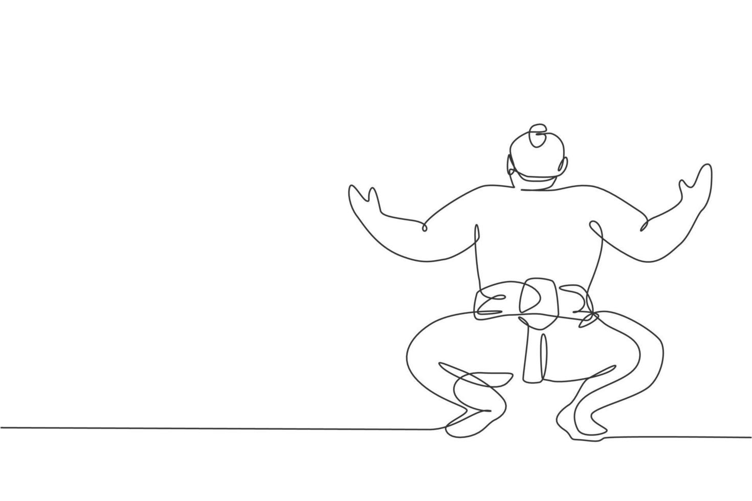 Un dibujo de línea continua del joven gran rikishi japonés se prepara para luchar en el torneo del festival. concepto de deporte de sumo tradicional. Ilustración de vector de diseño gráfico de dibujo de línea única dinámica