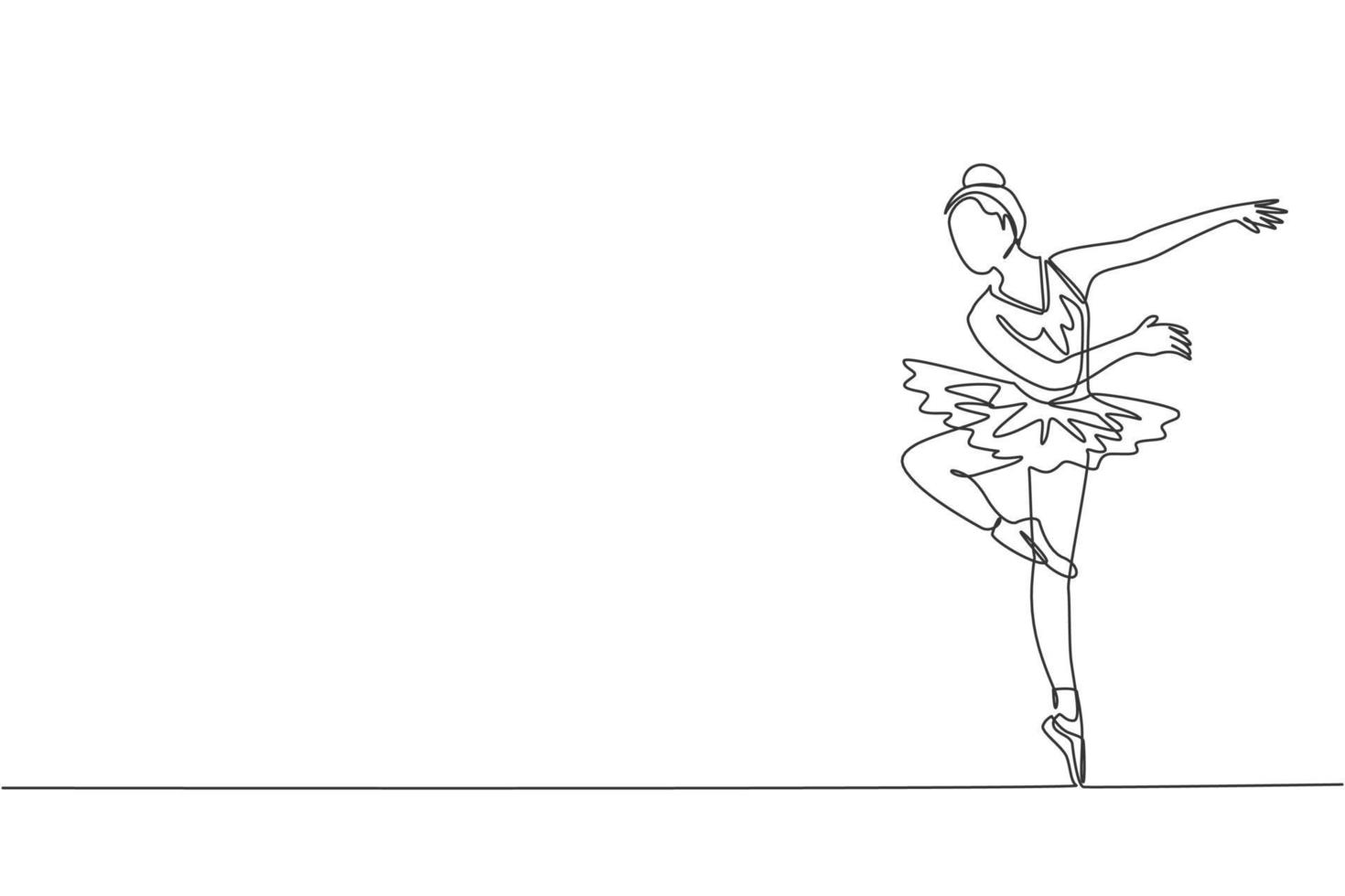 El dibujo de una sola línea continua de una joven y elegante bailarina demostró una habilidad de baile de coreografía de ballet clásico. concepto de danza de ópera. Ilustración de vector de diseño gráfico de dibujo de una línea de moda