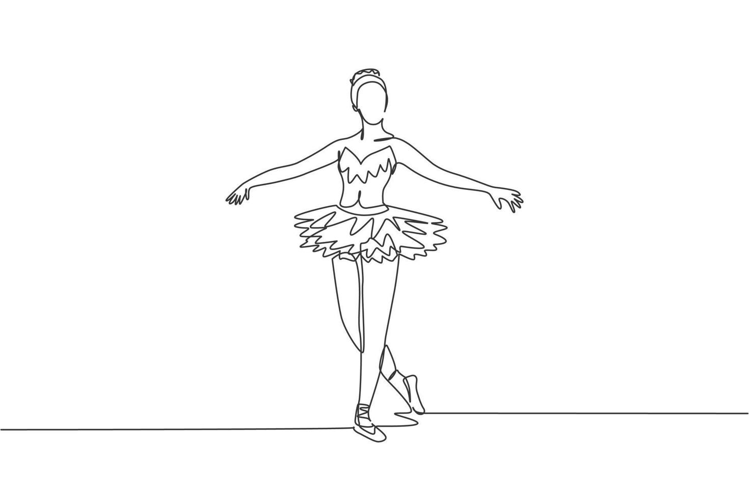 One continuous line drawing of young graceful woman ballet dancer perform beauty classic dance at stage of opera house. Ballet performance concept. Dynamic single line draw design vector illustration