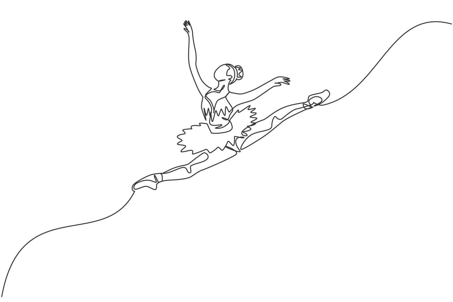 One continuous line drawing of young graceful woman ballet dancer perform beauty classic dance at stage of opera house. Ballet performance concept. Dynamic single line draw design vector illustration