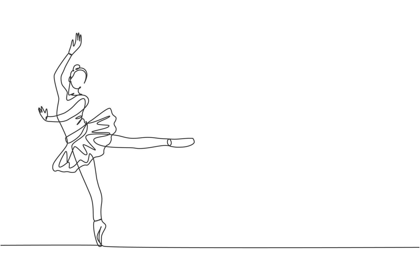 Un dibujo de línea continua de una joven bailarina de ballet elegante realiza una danza clásica de belleza en el escenario del teatro de la ópera. concepto de actuación de ballet. Ilustración de vector de diseño de dibujo de línea única dinámica