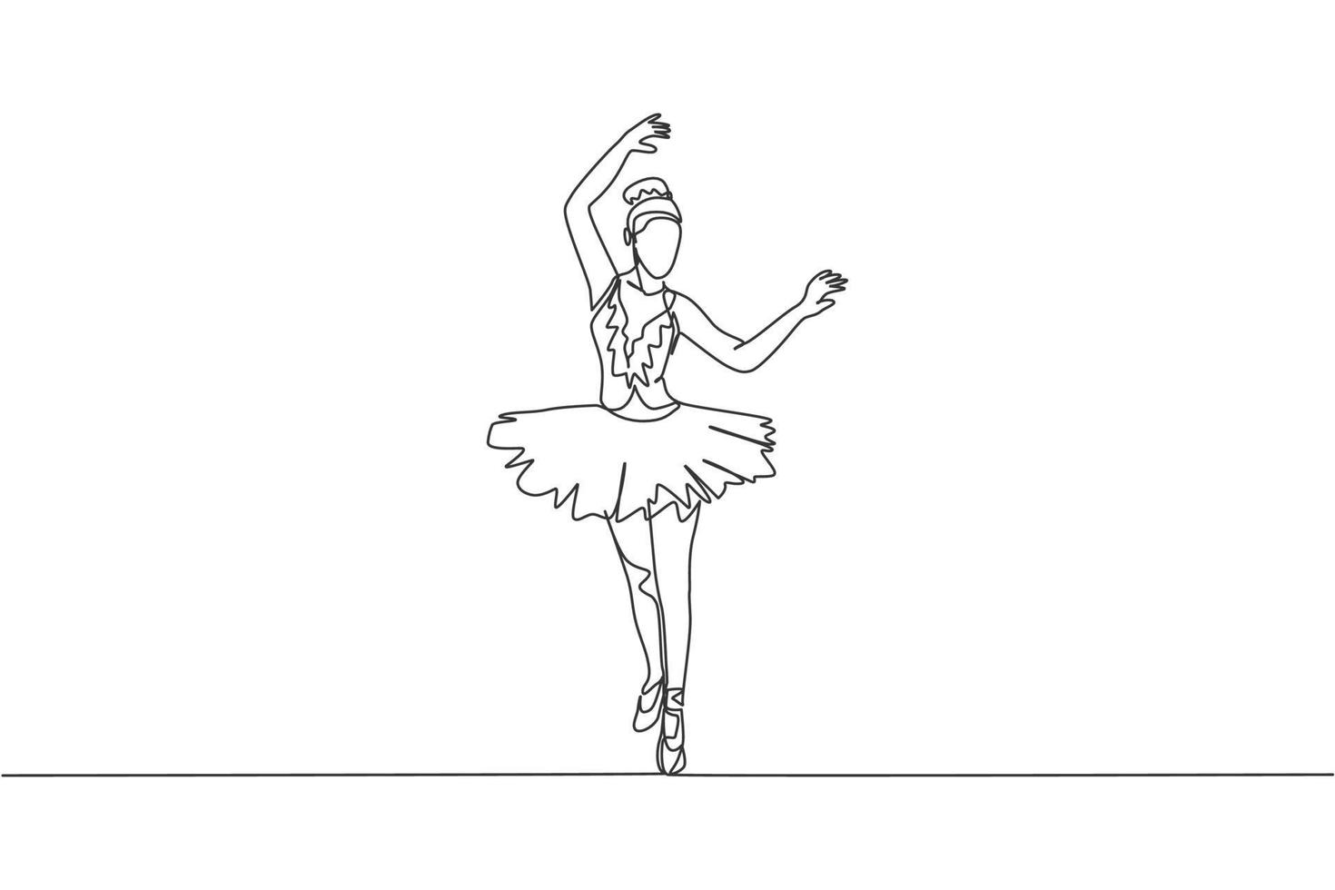 Single continuous line drawing of young graceful pretty ballerina demonstrated classic ballet choreography dancing skill. Opera dance concept. Trendy one line draw design vector illustration graphic