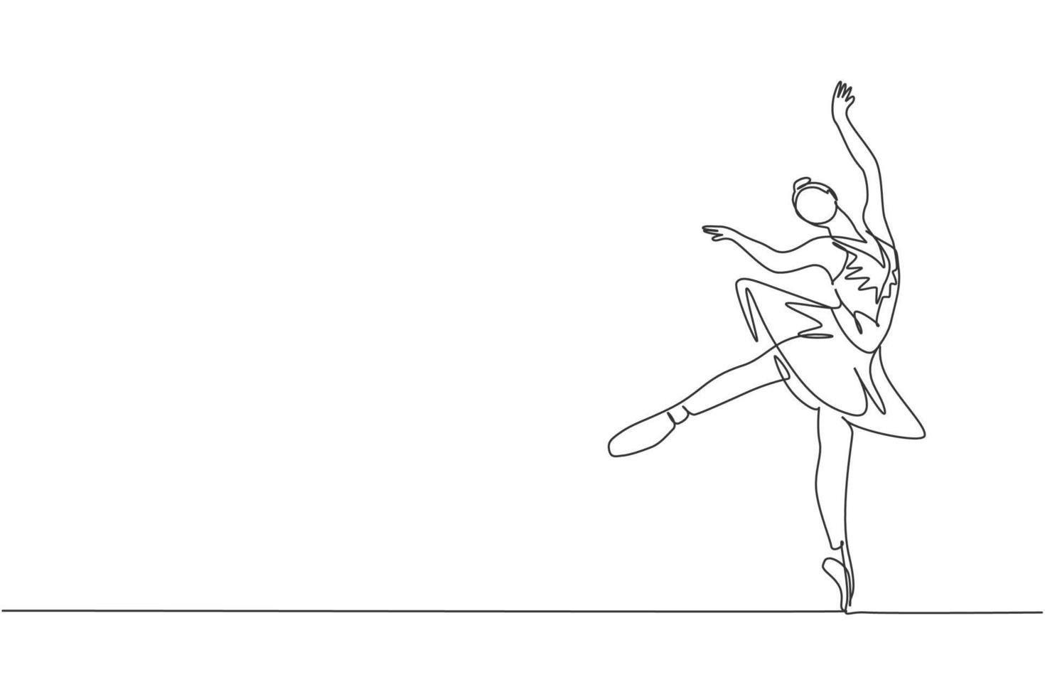 Un dibujo de línea continua de una joven bailarina de ballet elegante realiza una danza clásica de belleza en el escenario del teatro de la ópera. concepto de actuación de ballet. Ilustración de vector de diseño de dibujo de línea única dinámica