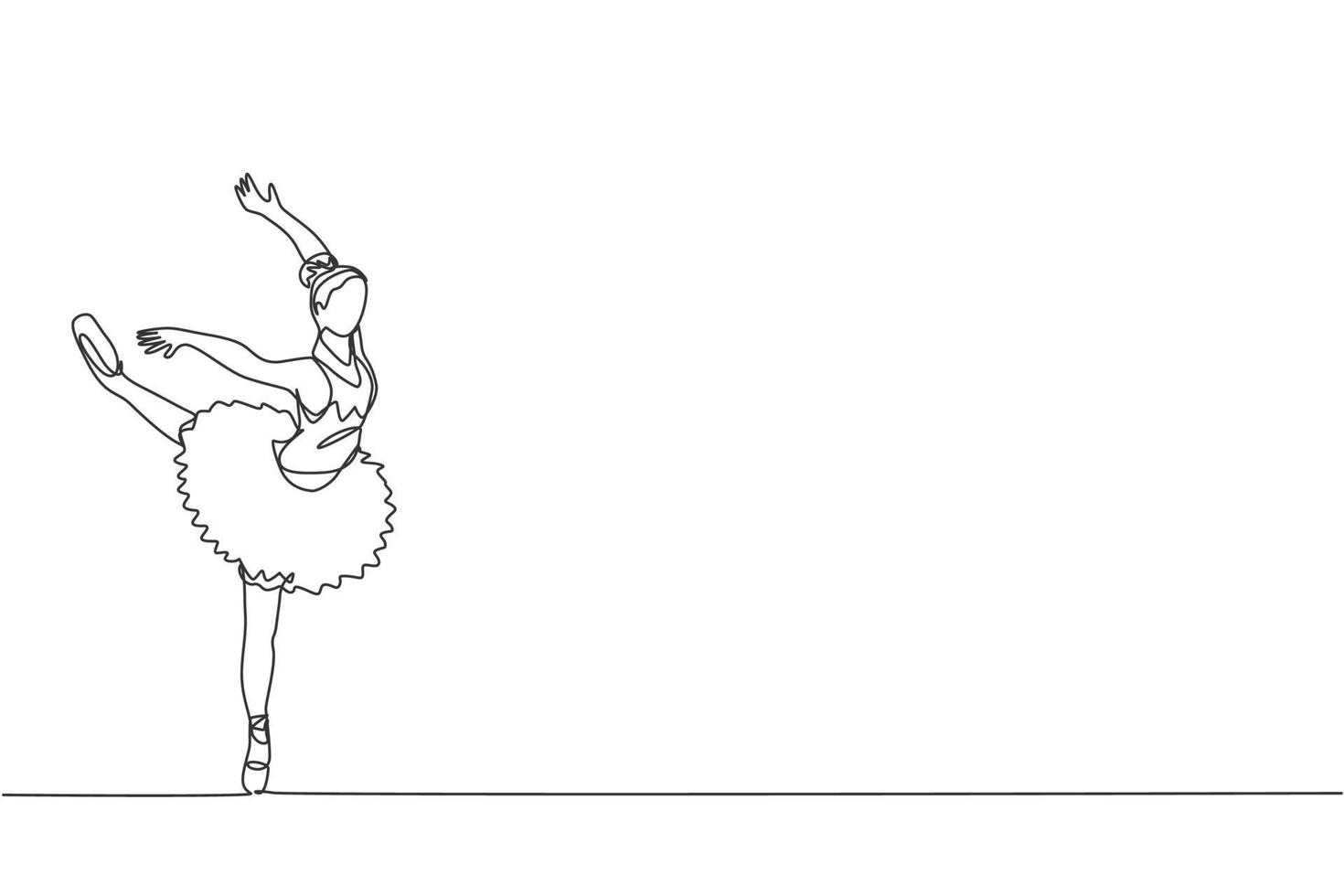 Single continuous line drawing of young graceful pretty ballerina demonstrated classic ballet choreography dancing skill. Opera dance concept. Trendy one line draw design graphic vector illustration
