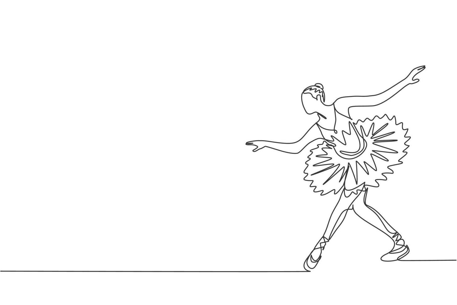 Single continuous line drawing of young graceful pretty ballerina demonstrated classic ballet choreography dancing skill. Opera dance concept. Trendy one line draw design graphic vector illustration