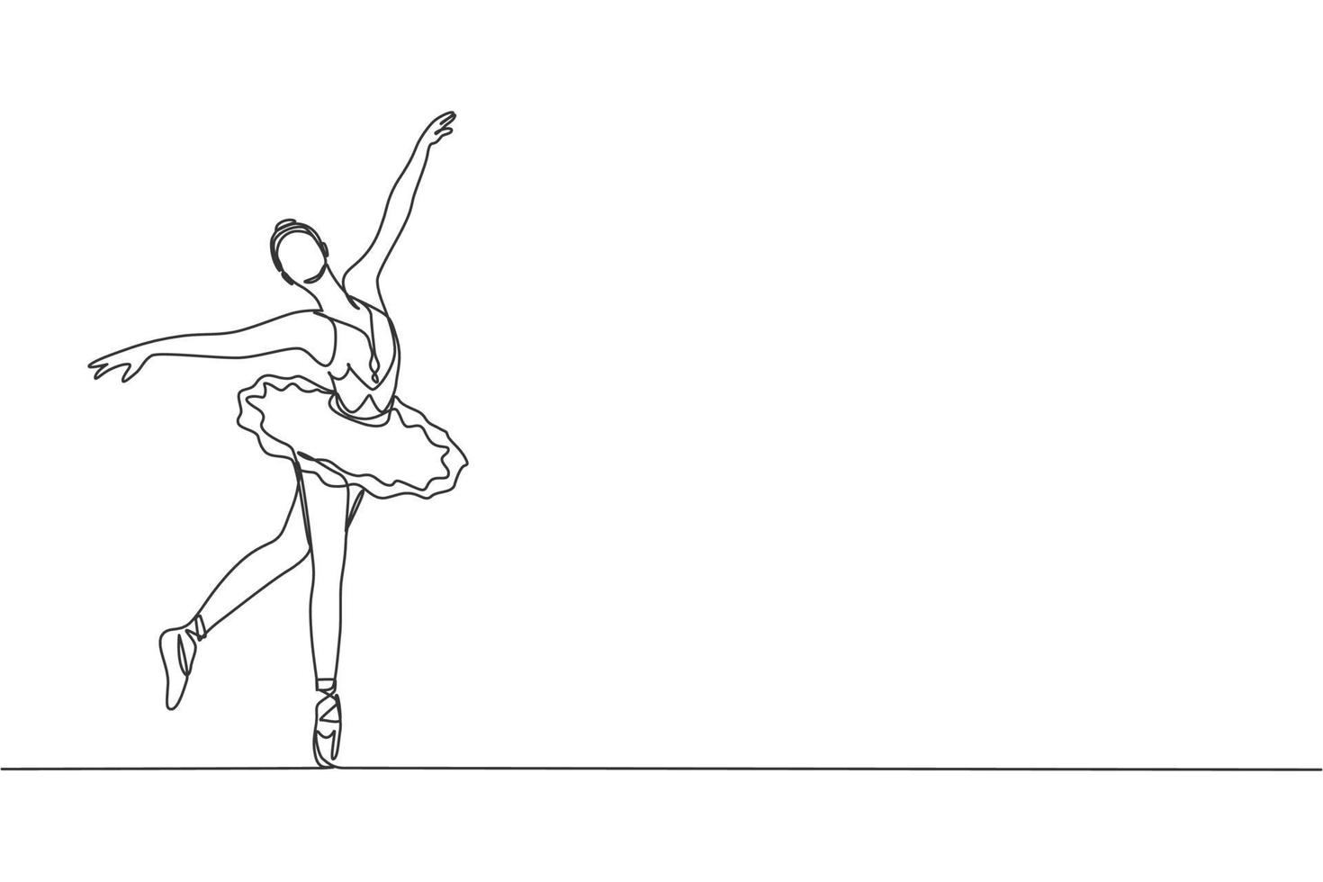 One single line drawing of young beauty dancer woman on tutu exercise classic ballet dance at ballet class vector graphic illustration. Choreographic move concept. Modern continuous line draw design