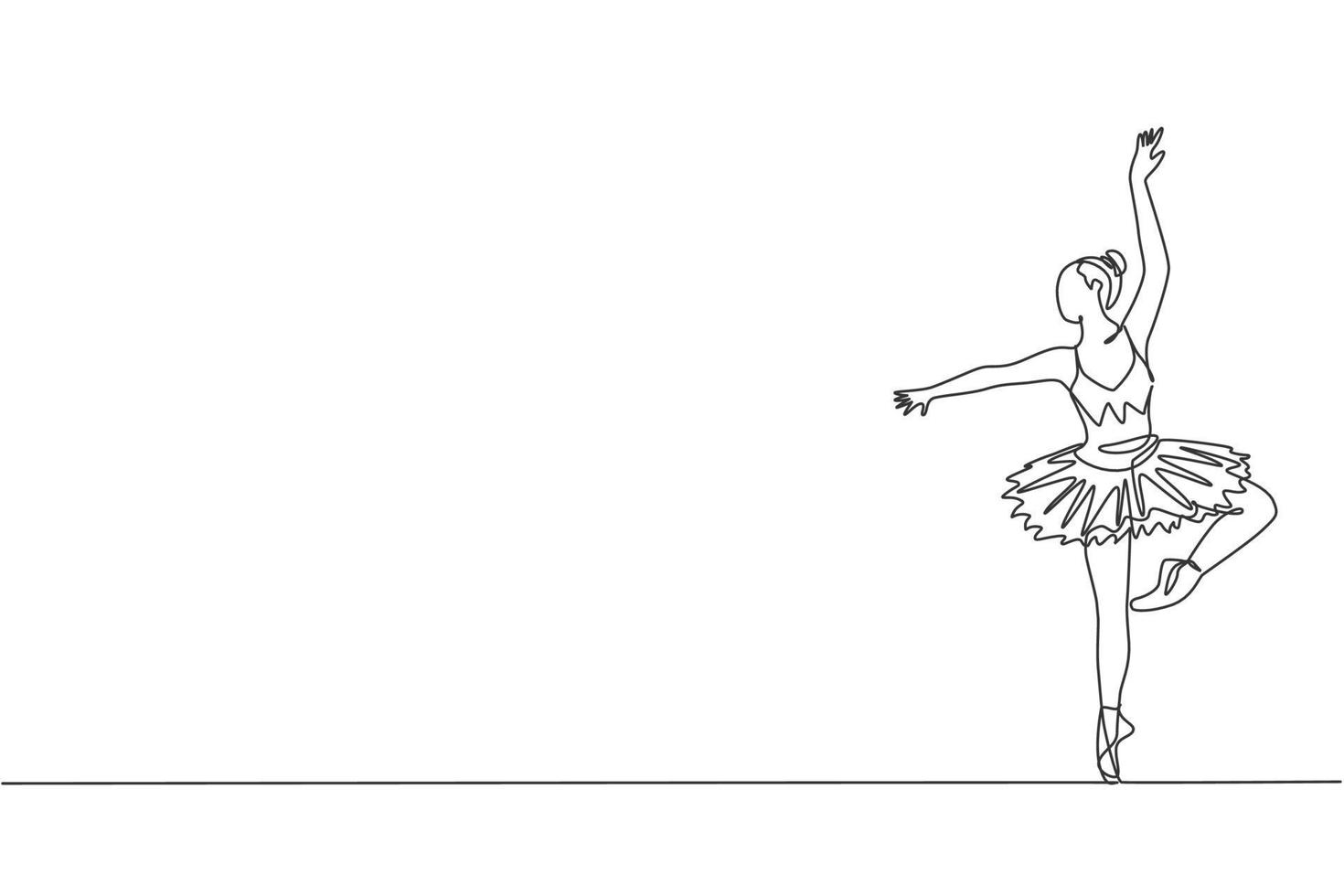 Un dibujo de línea continua de una joven bailarina de ballet elegante realiza una danza clásica de belleza en el escenario del teatro de la ópera. concepto de actuación de ballet. Ilustración de vector de diseño de dibujo de línea única dinámica