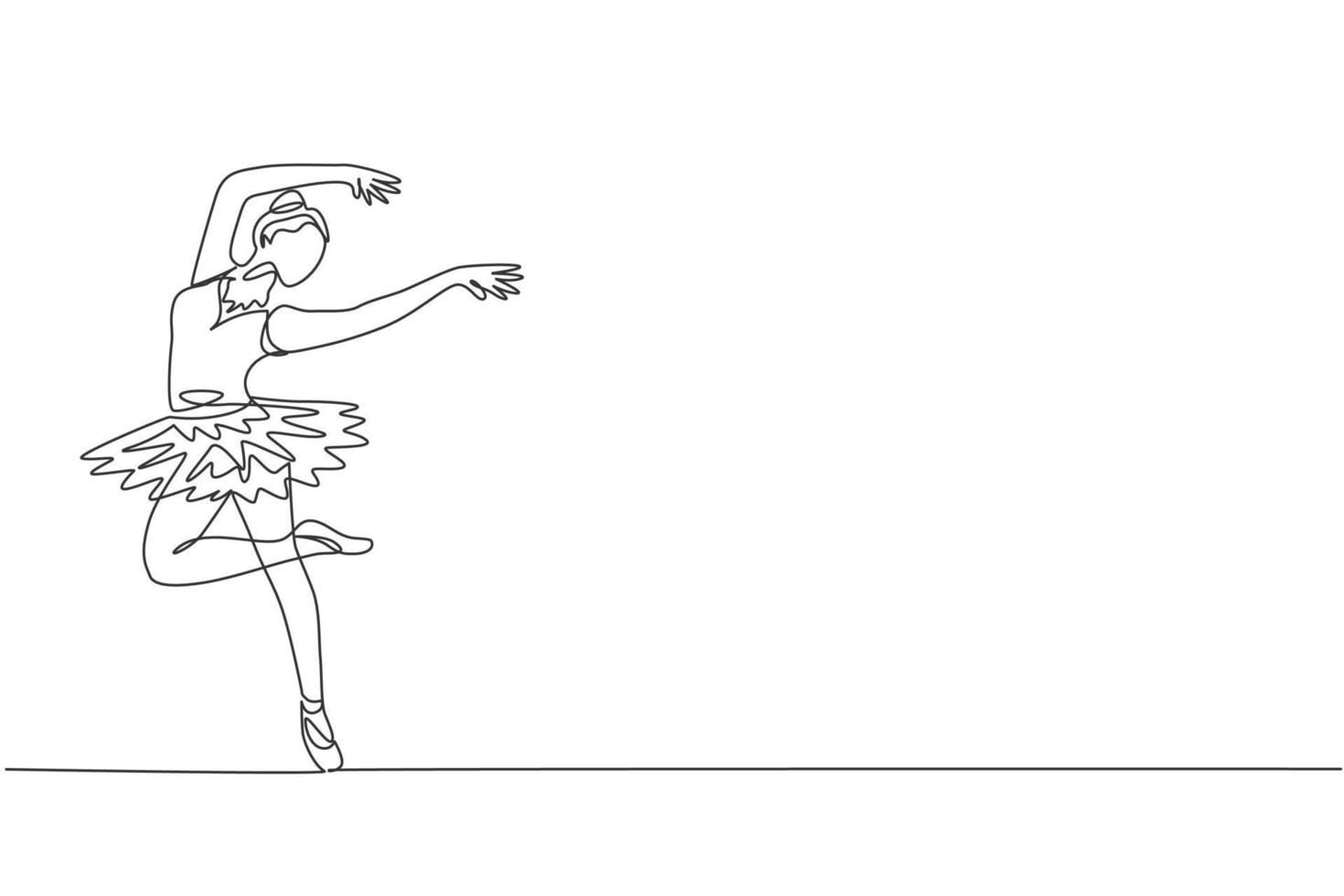 One single line drawing of young beauty dancer woman on tutu exercise classic ballet dance at ballet class vector graphic illustration. Choreographic move concept. Modern continuous line draw design