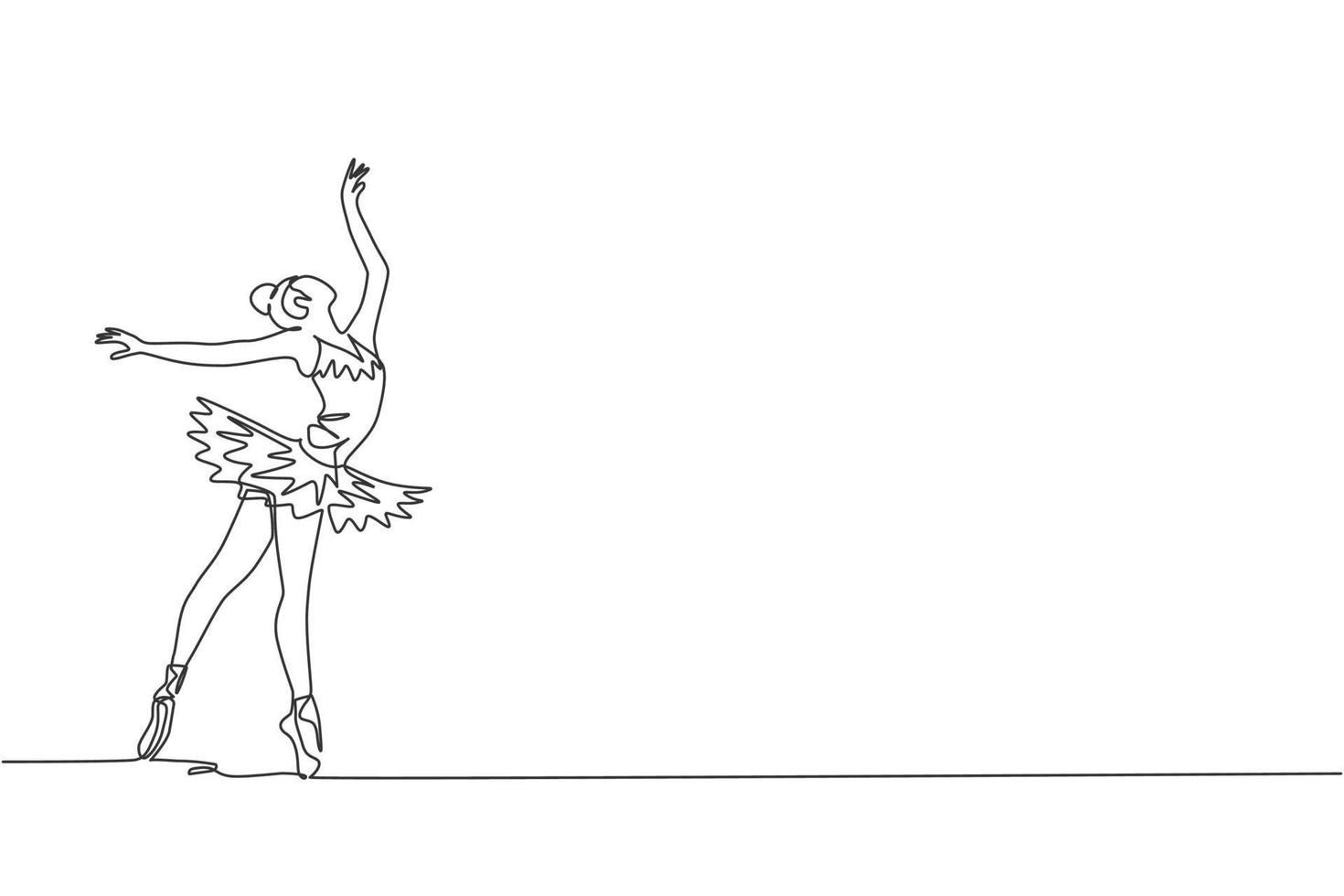 Single continuous line drawing of young graceful pretty ballerina demonstrated classic ballet choreography dancing skill. Opera dance concept. Trendy one line draw graphic design vector illustration