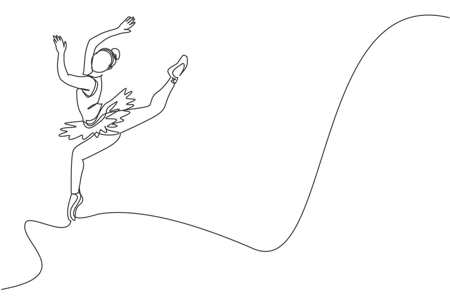 One single line drawing of young beauty dancer woman on tutu jumping exercise classic ballet dance at ballet class vector illustration. Choreographic move concept. Modern continuous line draw design