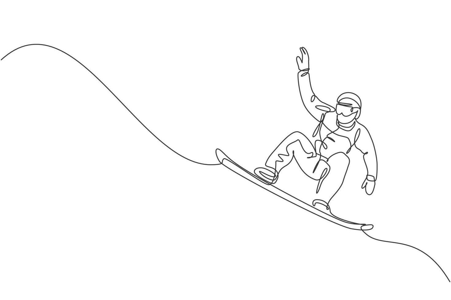 One continuous line drawing of young sporty man snowboarder riding snowboard and jumping alps snowy powder mountain. Winter lifestyle sport concept. Dynamic single line draw design vector illustration