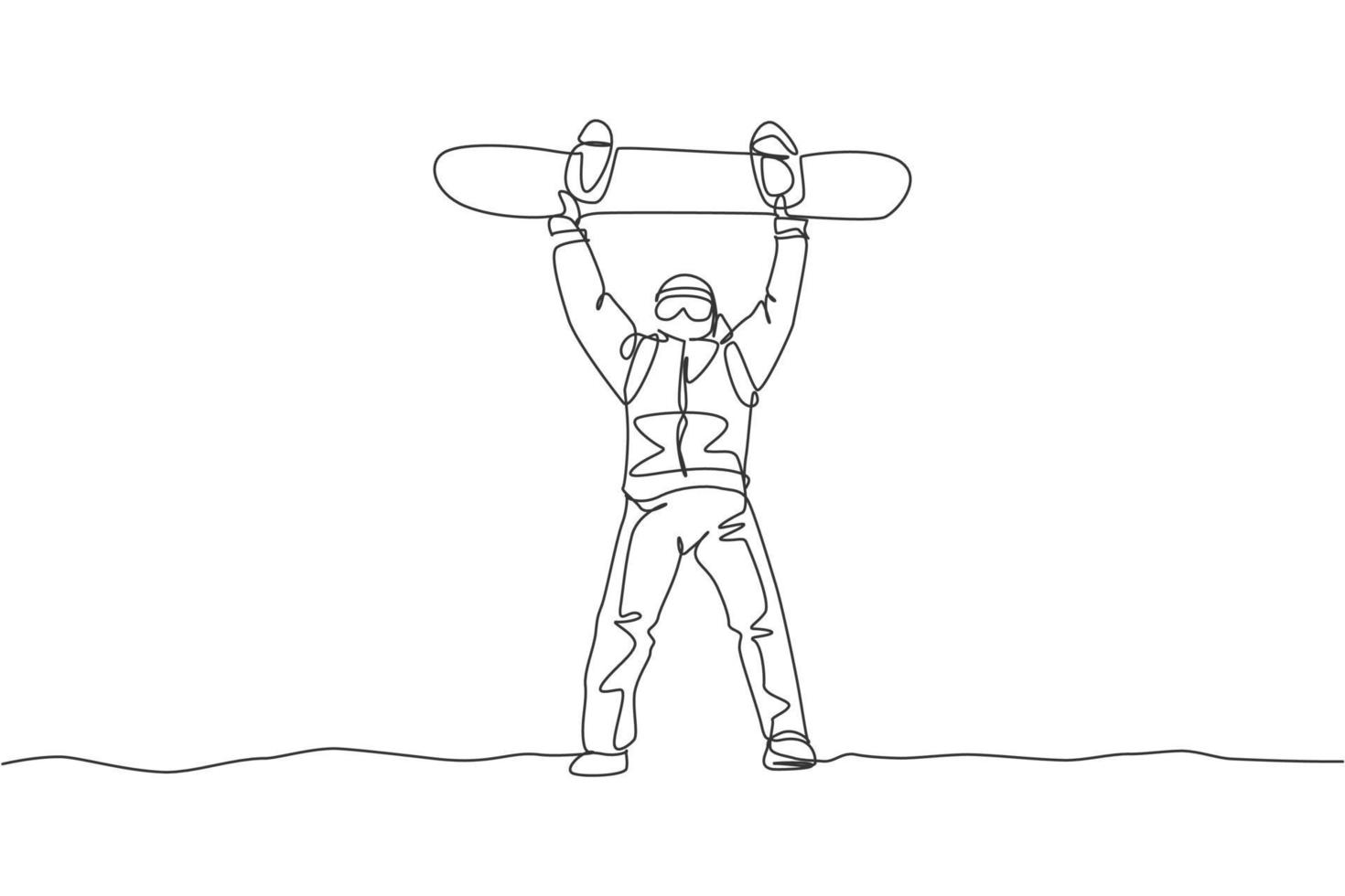 Single continuous line drawing young sportive snowboarder man lift snowboard board at mountain. Outdoor extreme sport. Winter season vacation concept. One line draw graphic design vector illustration