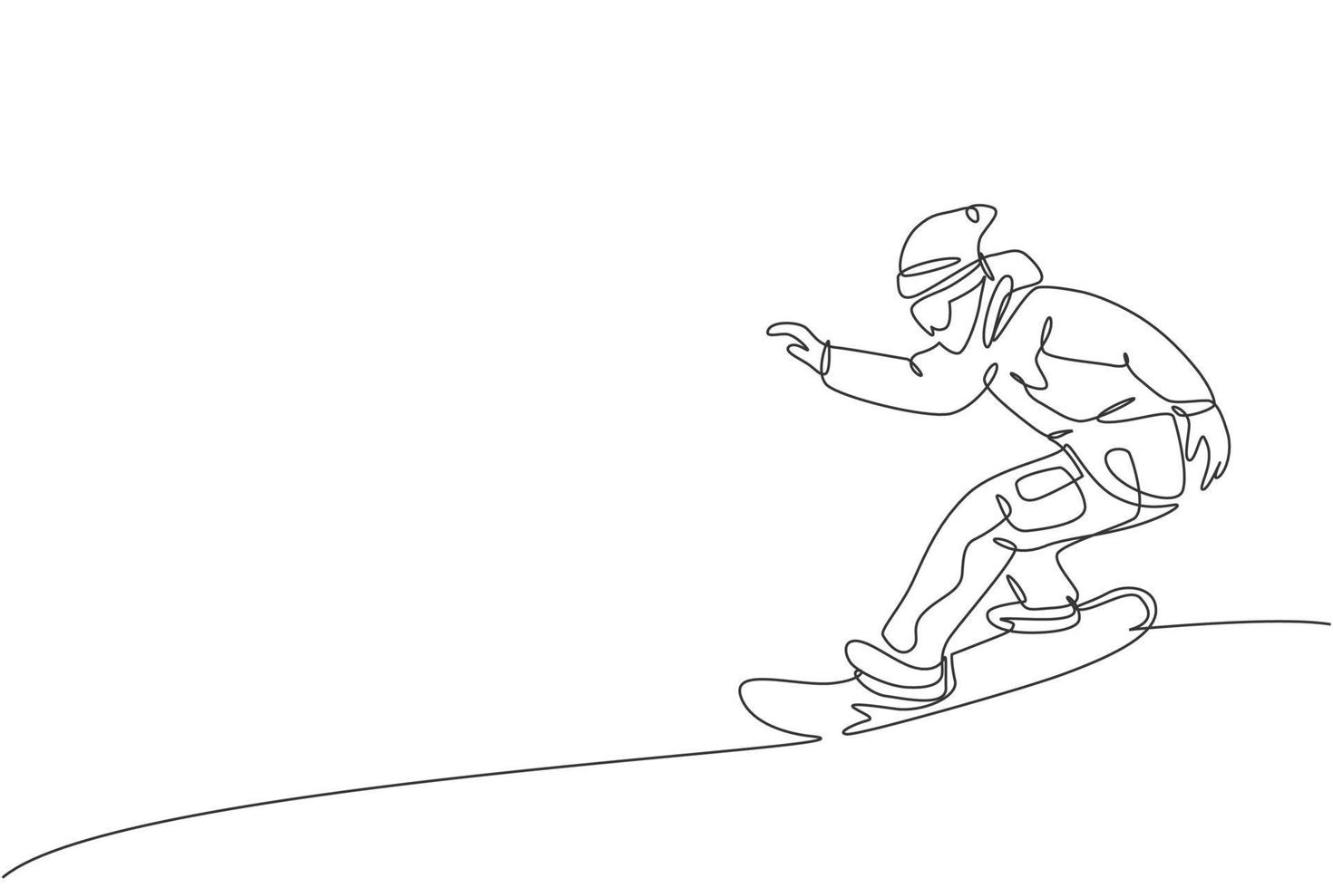 One continuous line drawing of young sporty man snowboarder riding snowboard in alps snowy powder mountain. Winter lifestyle sport concept. Dynamic single line draw design vector graphic illustration