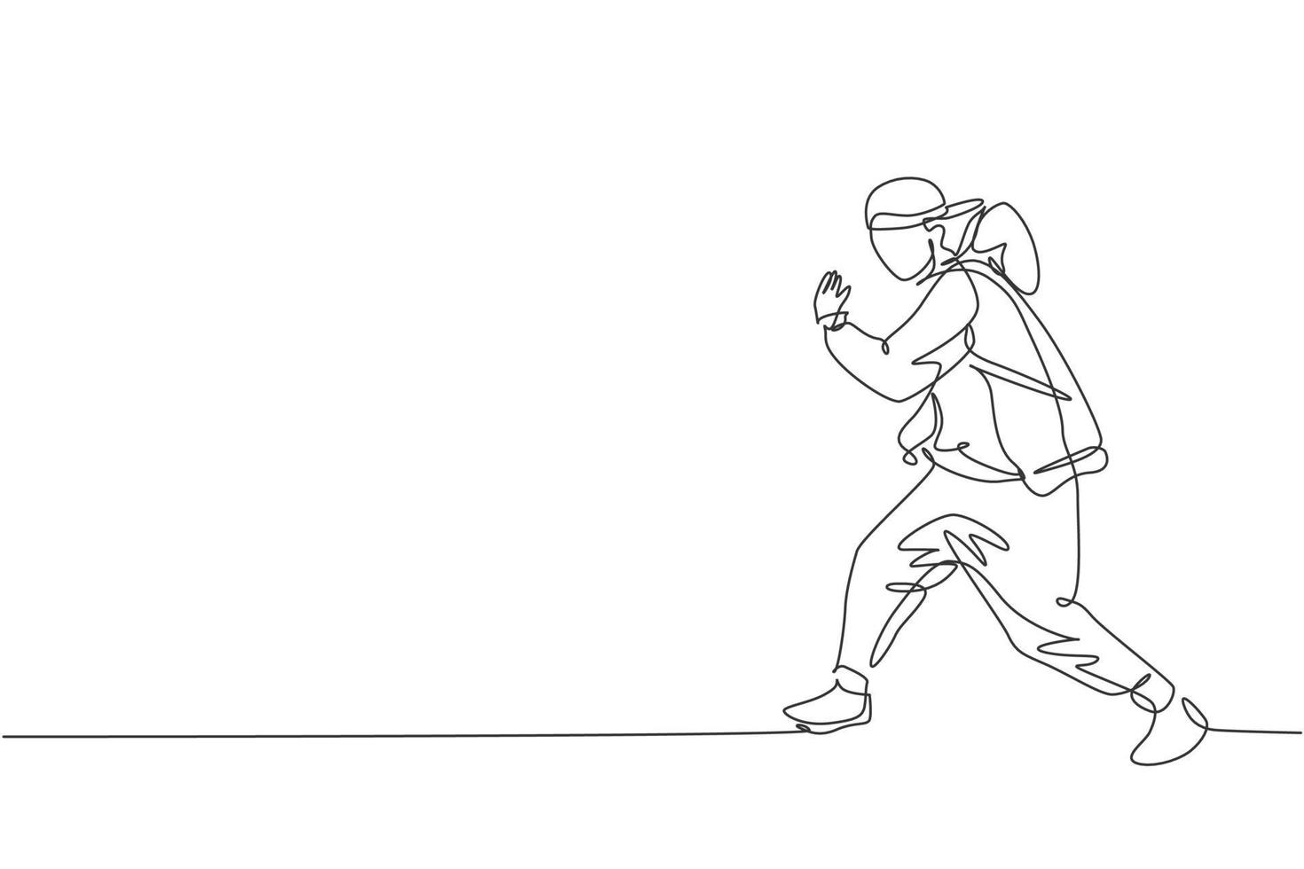 One continuous line drawing of young sporty break dancer man with tracksuit show hip hop dance style in the street. Urban lifestyle sport concept. Dynamic single line draw design vector illustration