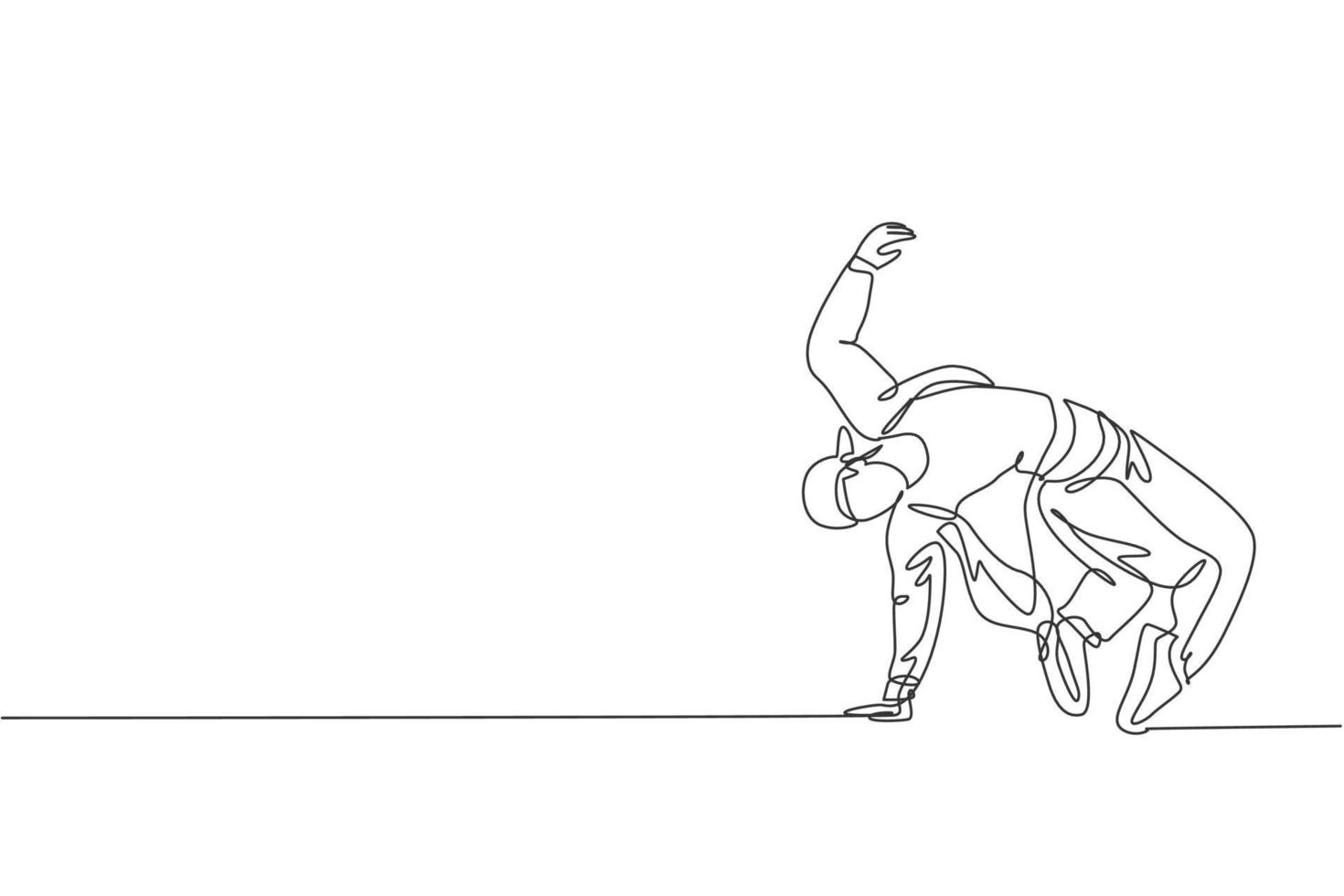 Single continuous line drawing of young energetic hip-hop dancer man on tracksuit practice break dancing in street. Urban generation lifestyle concept. Trendy one line draw design vector illustration