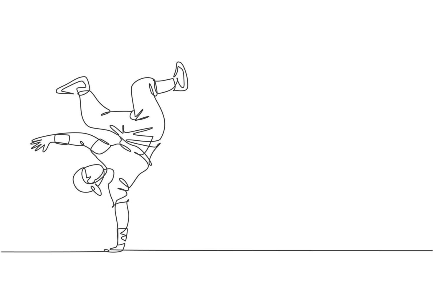 Un dibujo de línea continua de un joven bailarín de break deportivo con camisa casual muestra el estilo de baile hiphop en la calle. concepto de deporte de estilo de vida urbano. Ilustración de vector de diseño de dibujo de línea única dinámica