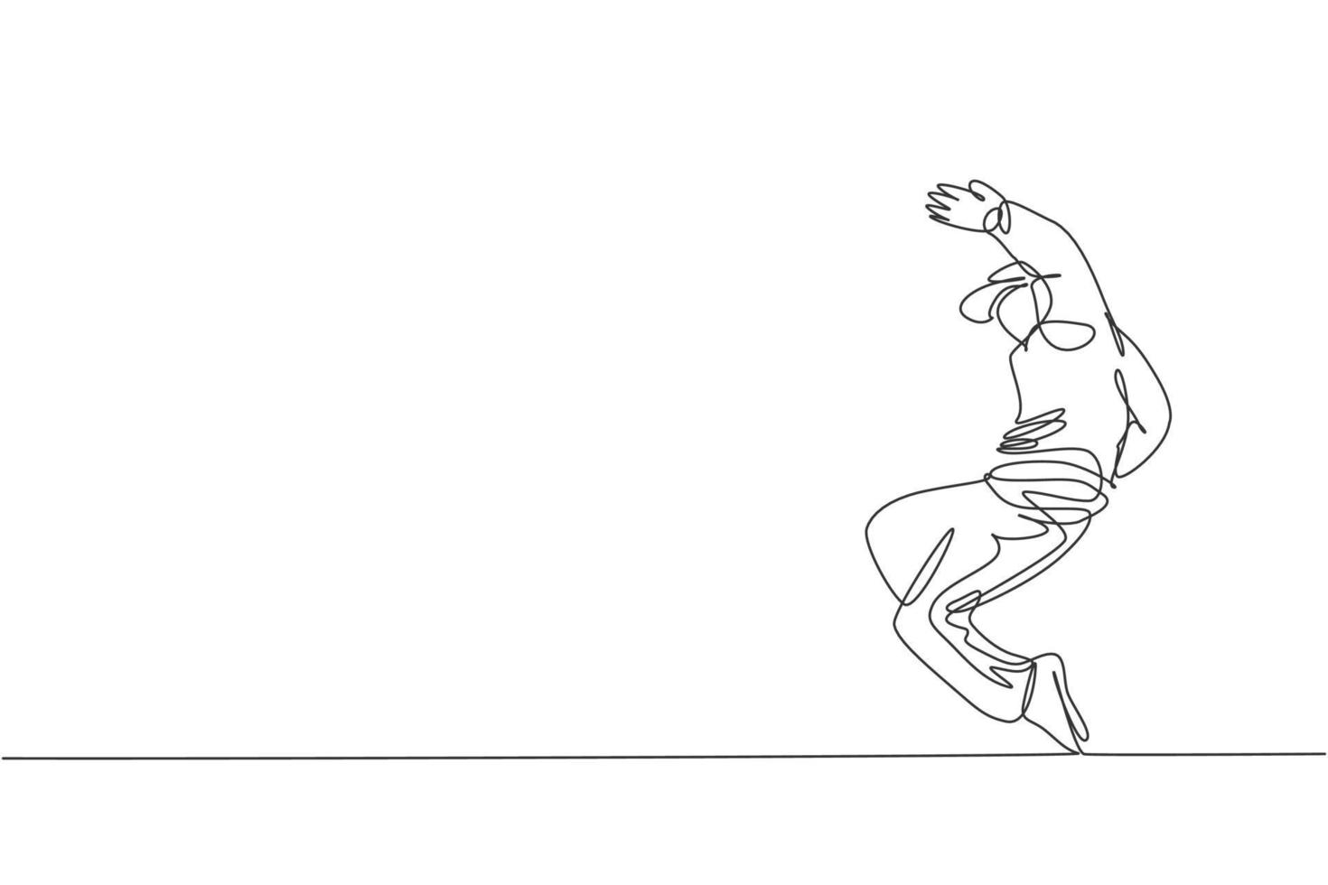 Single continuous line drawing of young energetic hip-hop dancer man on hoodie practice break dancing in street. Urban generation lifestyle concept. Trendy one line draw design vector illustration