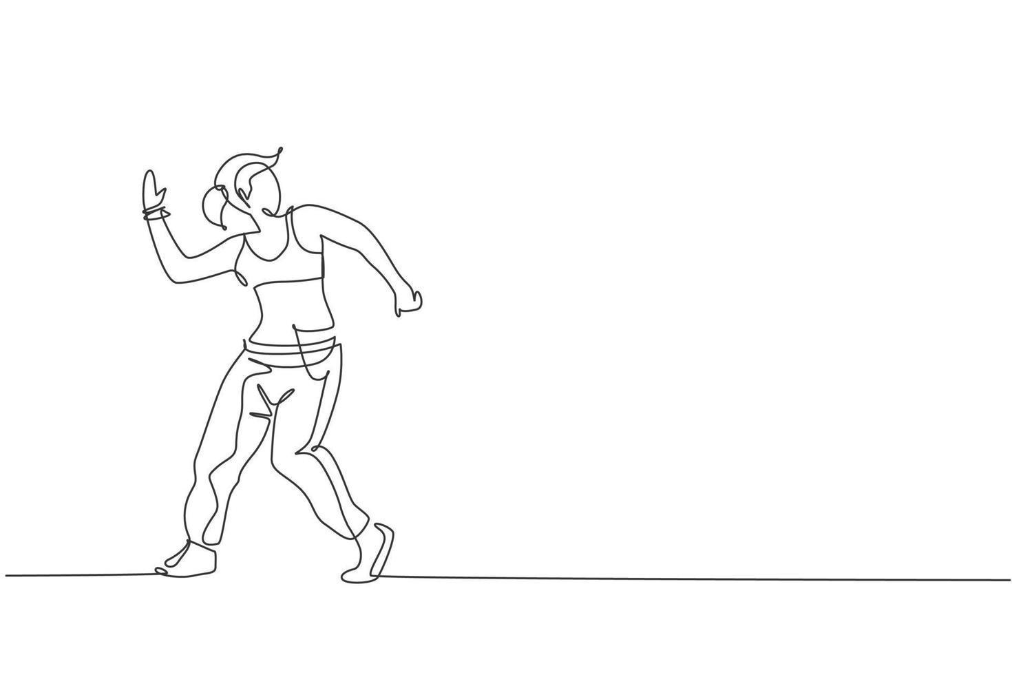 One continuous line drawing of young sporty break dancer woman show hip hop dance style in the street. Urban lifestyle sport concept. Dynamic single line draw graphic design vector illustration