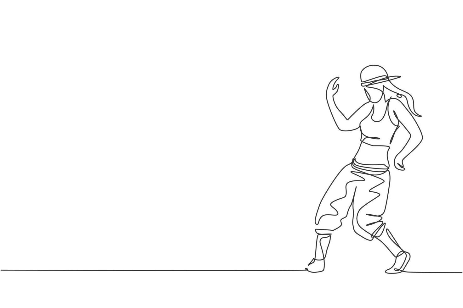 One single line drawing of young modern street dancer woman with hat performing hip hop dance on the stage vector graphic illustration. Urban generation lifestyle concept. Continuous line draw design