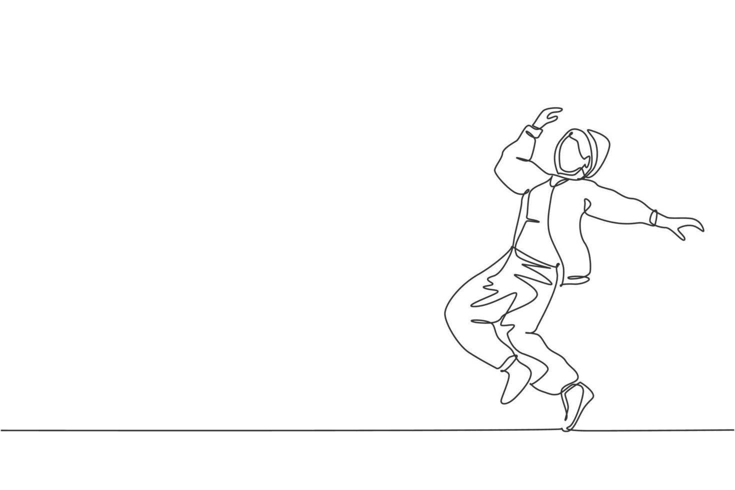 Single continuous line drawing of young energetic hip-hop dancer woman on hoodie practice break dancing in street. Urban generation lifestyle concept. Trendy one line draw design vector illustration