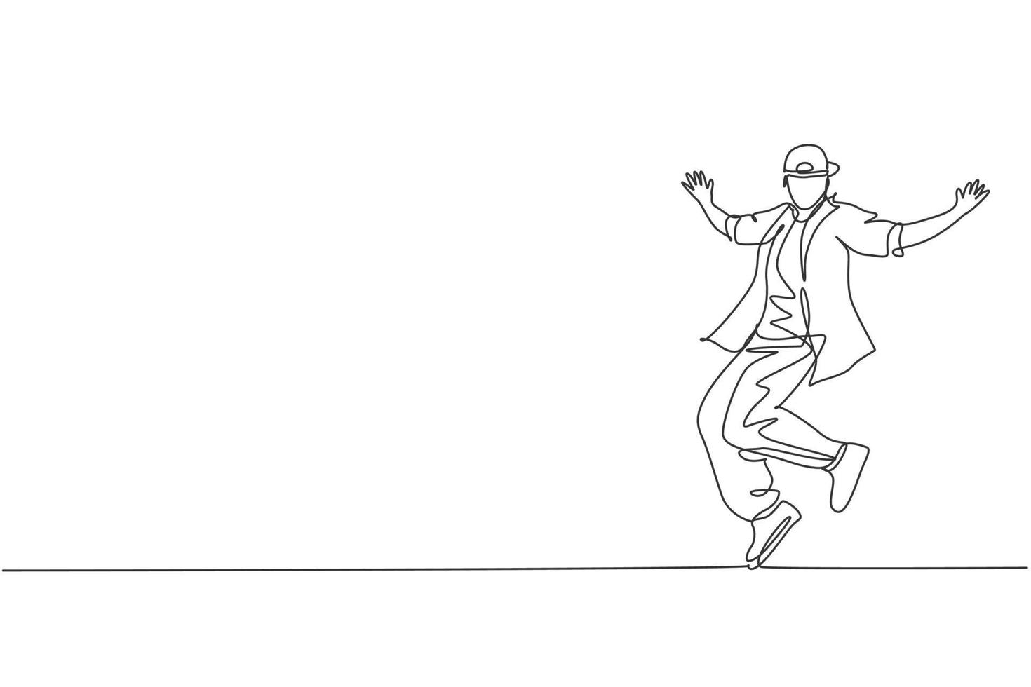 One continuous line drawing of young sporty break dancer man with casual shirt show hiphop dance style in the street. Urban lifestyle sport concept. Dynamic single line draw design vector illustration