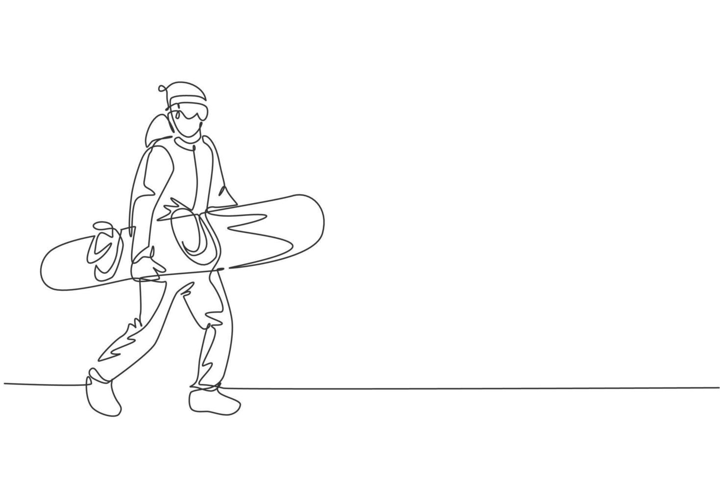 Single continuous line drawing of young sportive snowboarder man walk and hold snowboard at mountain. Outdoor extreme sport. Winter season vacation concept. One line draw design vector illustration