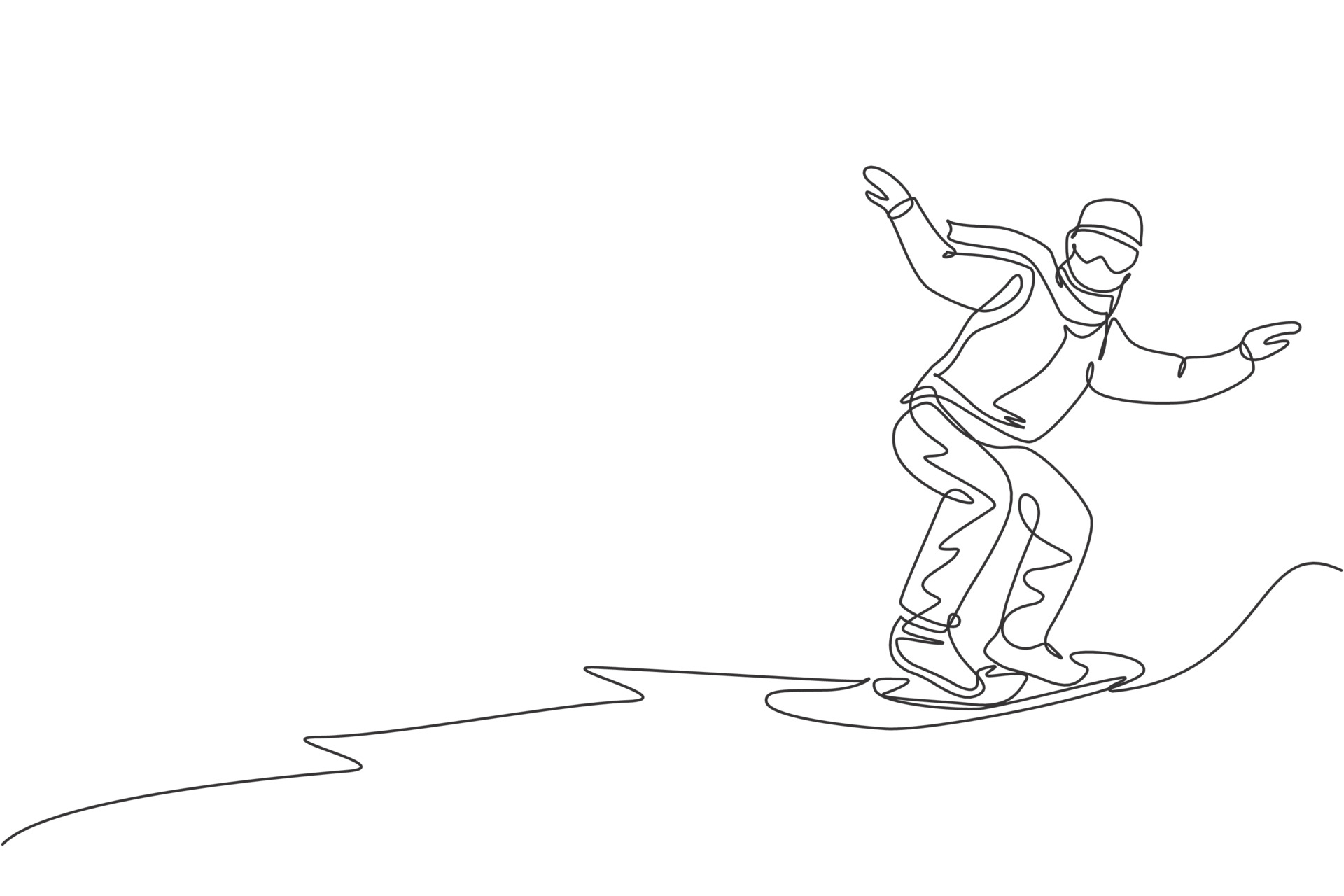 One single line drawing young energetic snowboarder man ride fast snowboard at snowy mountain graphic vector illustration