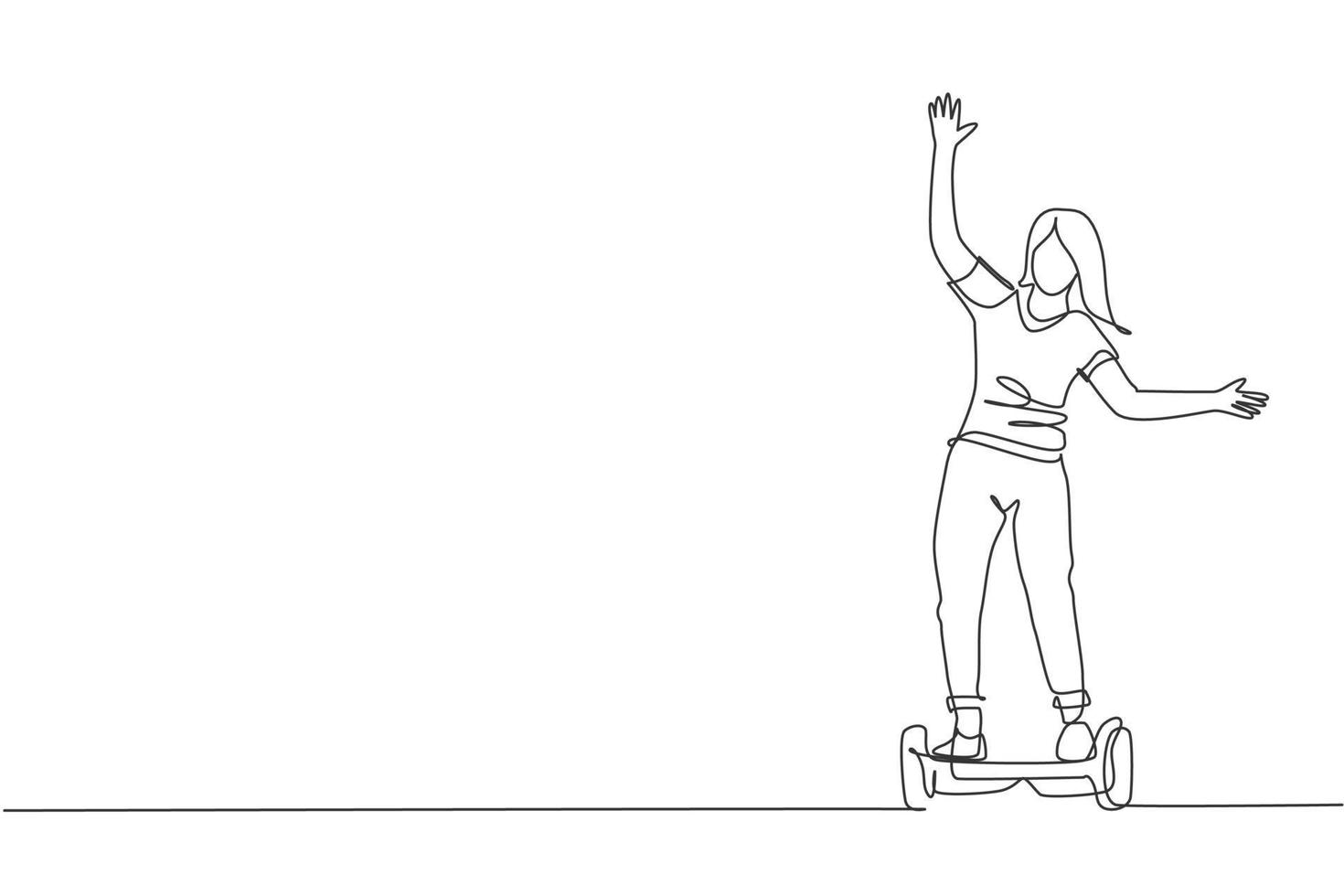 One single line drawing of young energetic man riding hoverboard at city park vector illustration. Future gyro scooter transport. Healthy urban lifestyle concept. Modern continuous line draw design