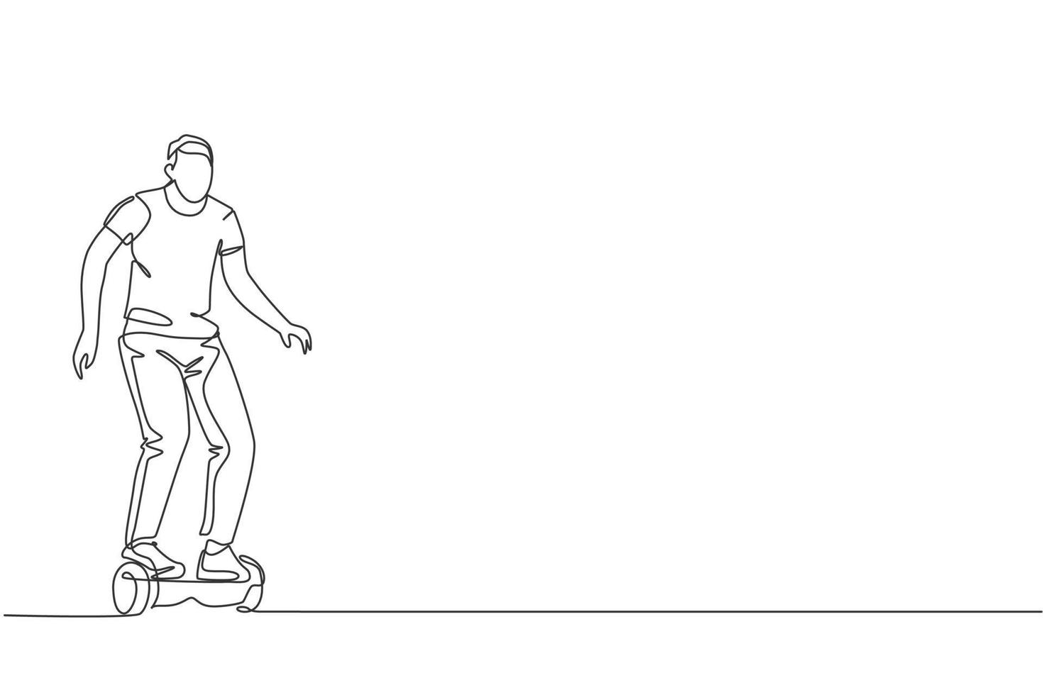 One single line drawing of young energetic man riding hoverboard at city park vector illustration. Future gyroscooter transport. Healthy lifestyle sport concept. Modern continuous line draw design
