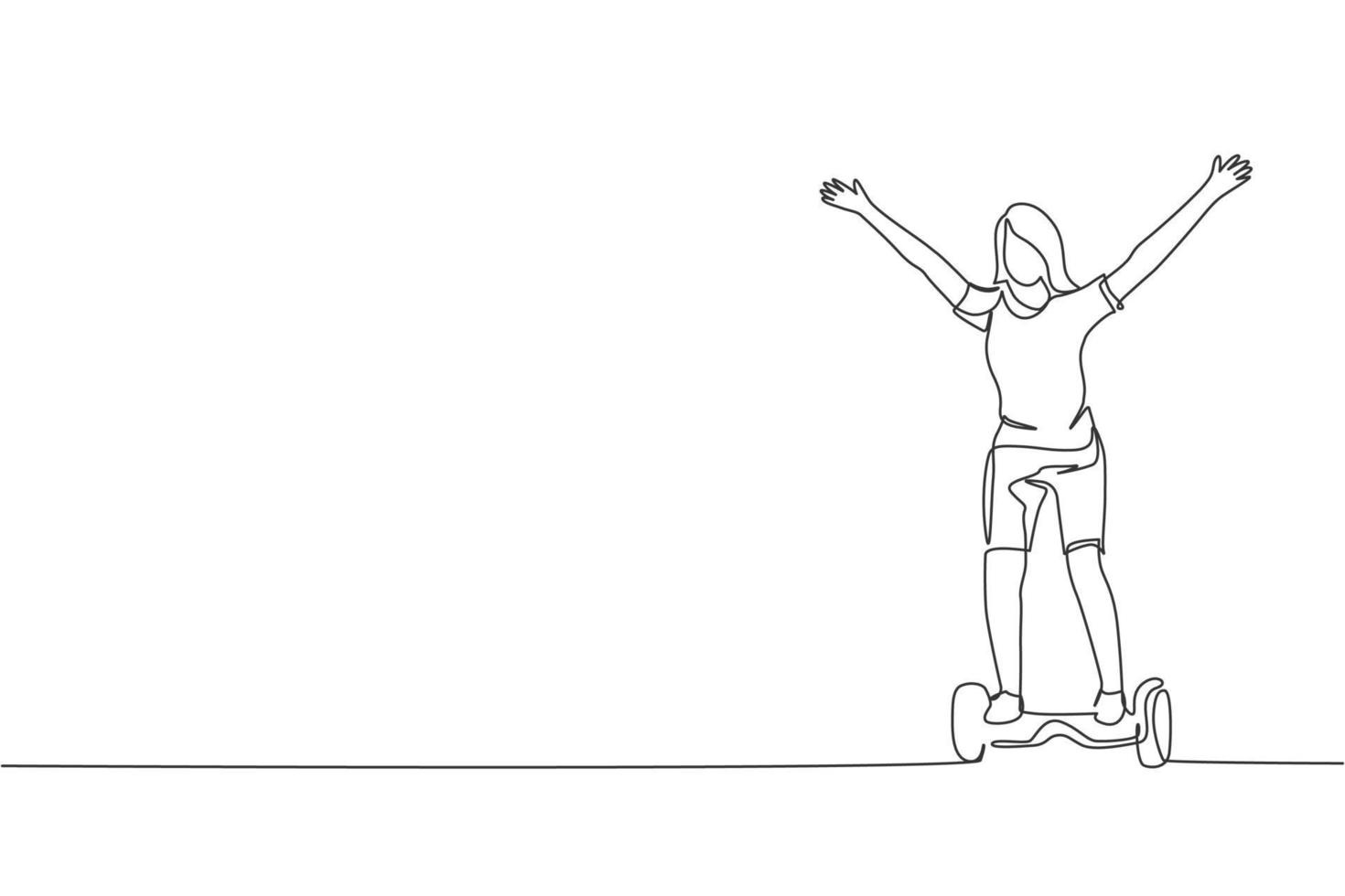 One continuous line drawing of young happy woman stand and ride hoverboard at outdoor park. Green transportation. Future urban lifestyle concept. Dynamic single line draw design vector illustration