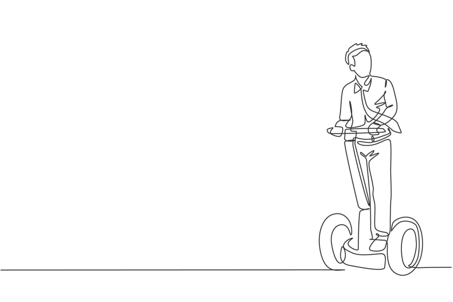 One single line drawing young energetic worker man riding two wheel balance to the office vector illustration. Future transport. Healthy lifestyle sport concept. Modern continuous line draw design