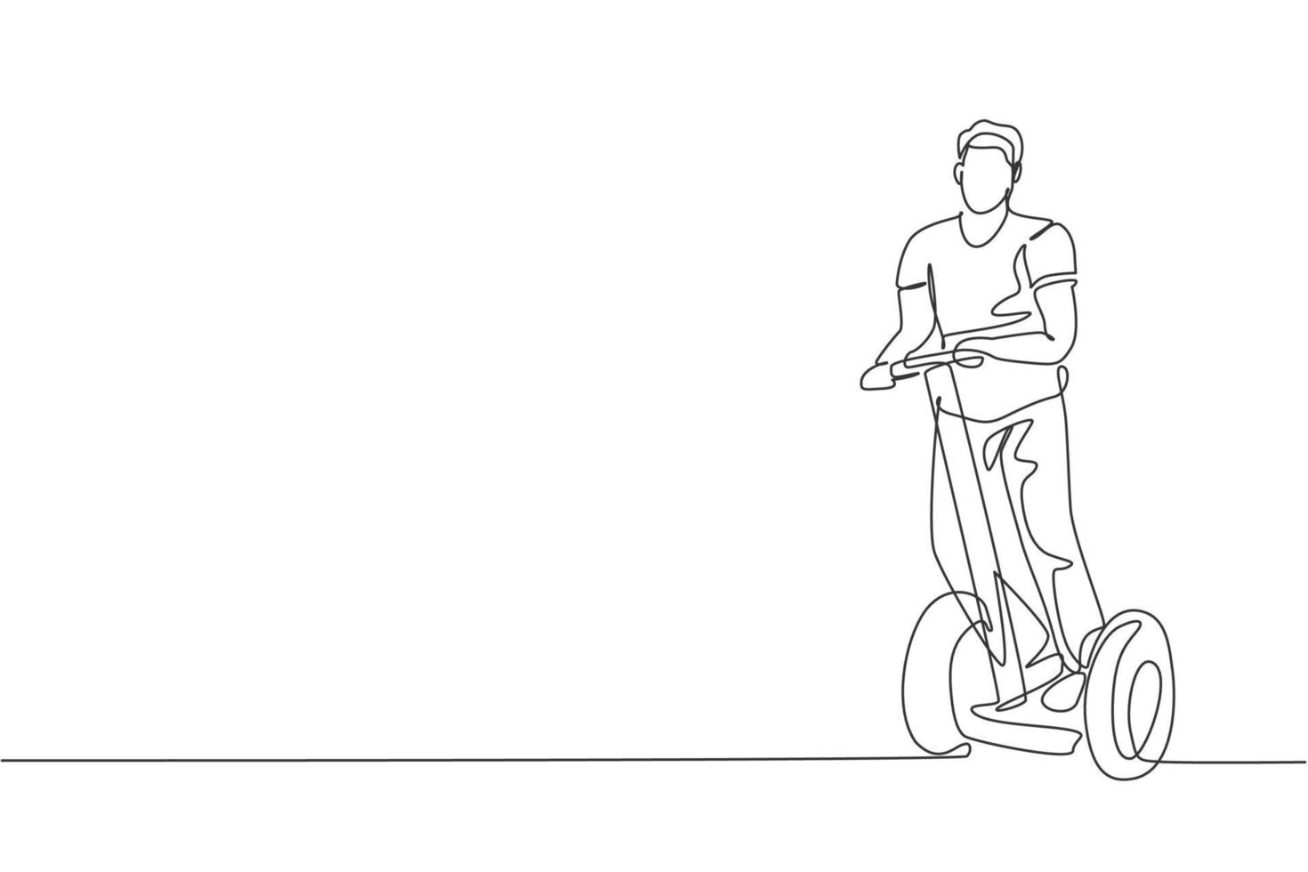 Single continuous line drawing young happy man riding kick scooter at public area. Green eco friendly transportation. Urban lifestyle concept. Trendy one line draw design graphic vector illustration