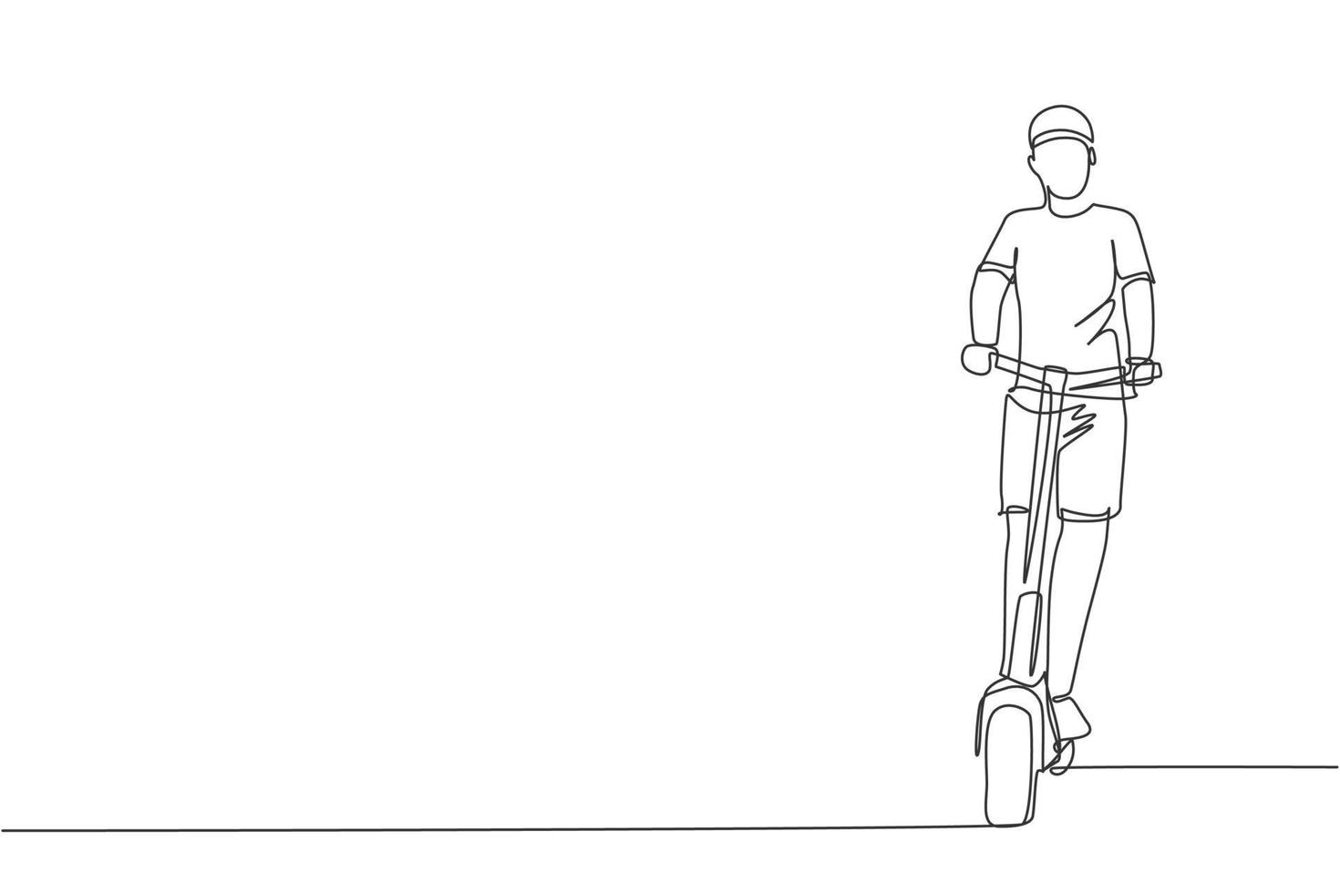 Un solo dibujo de línea de un joven enérgico montando scooter eléctrico en el parque de la ciudad ilustración gráfica de vector. transporte futuro. concepto de deporte de estilo de vida saludable. diseño moderno de dibujo de línea continua vector