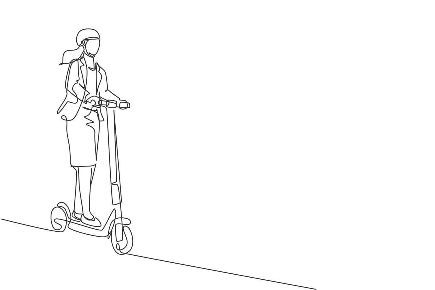 dibujo de una sola línea de mujer joven trabajadora enérgica montando scooter eléctrico a la ilustración de vector de oficina. transporte futuro. concepto de deporte de estilo de vida saludable. diseño moderno de dibujo de línea continua