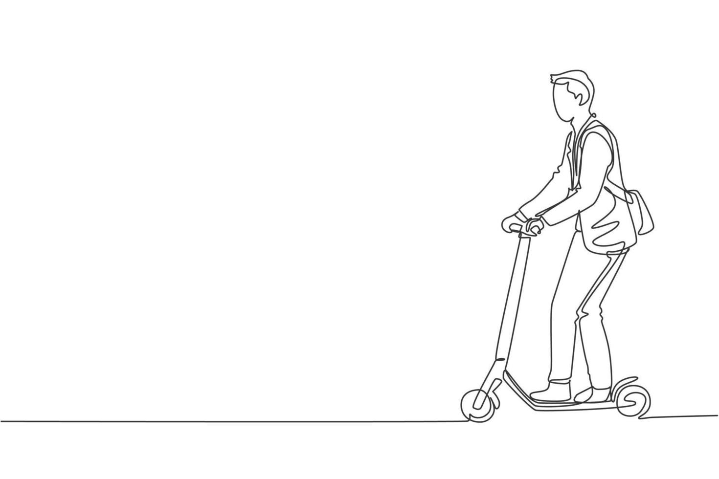 Un solo dibujo de línea de un joven enérgico montando scooter eléctrico en el parque de la ciudad ilustración gráfica de vector. transporte futuro. concepto de deporte de estilo de vida saludable. diseño moderno de dibujo de línea continua vector