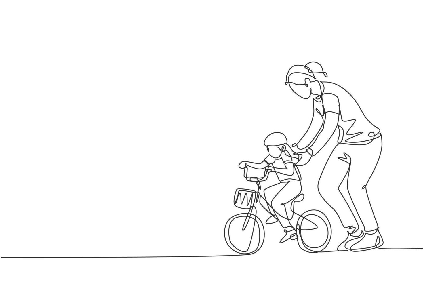 un dibujo continuo de una madre joven ayuda a su hija a aprender a andar en bicicleta en el campo juntos. concepto de lección de paternidad. Ilustración de vector de diseño gráfico de dibujo de línea única dinámica