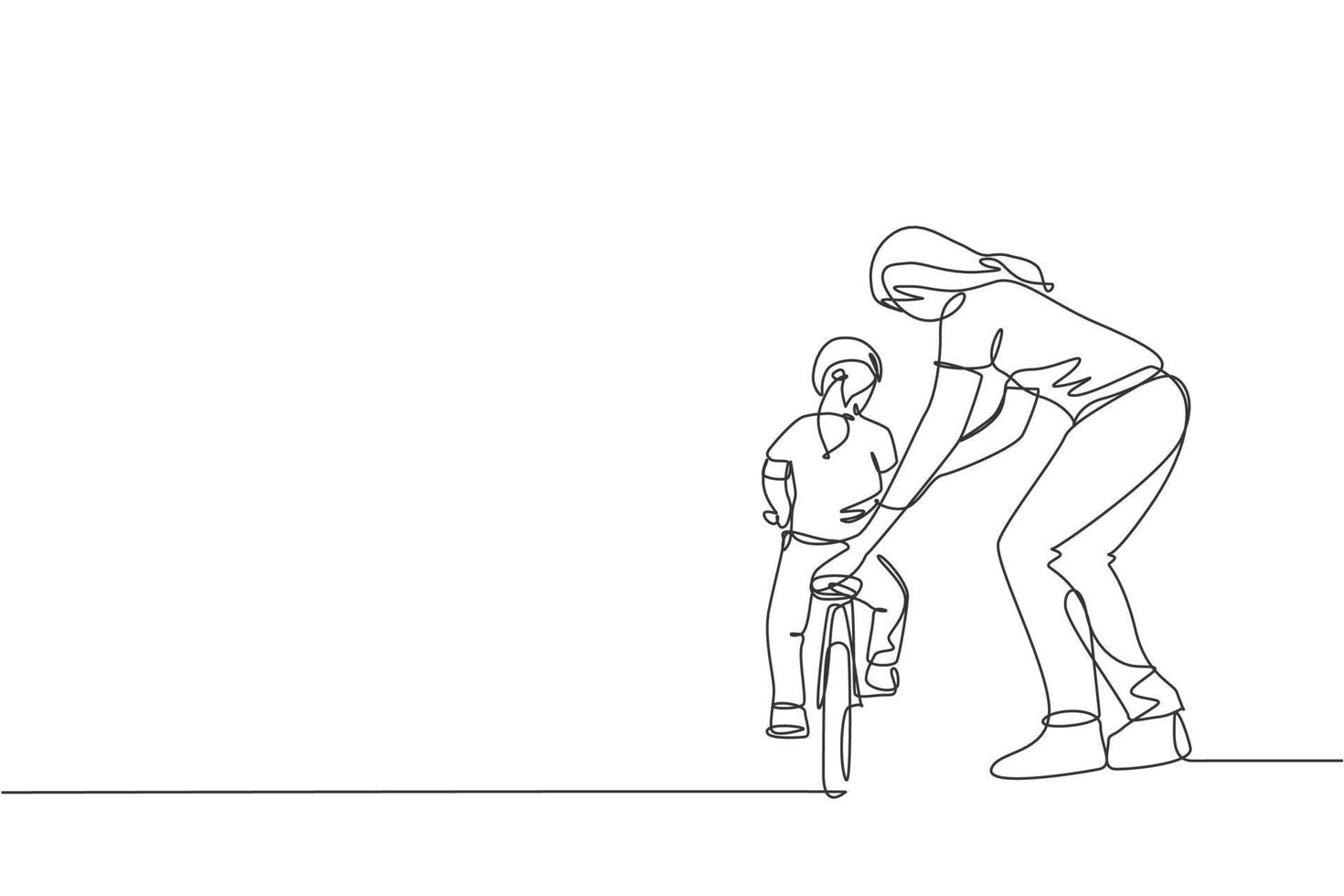 One single line drawing young mother teaching her daughter riding bicycle at public park graphic vector illustration. Motherhood lesson. Urban family time concept. Modern continuous line draw design