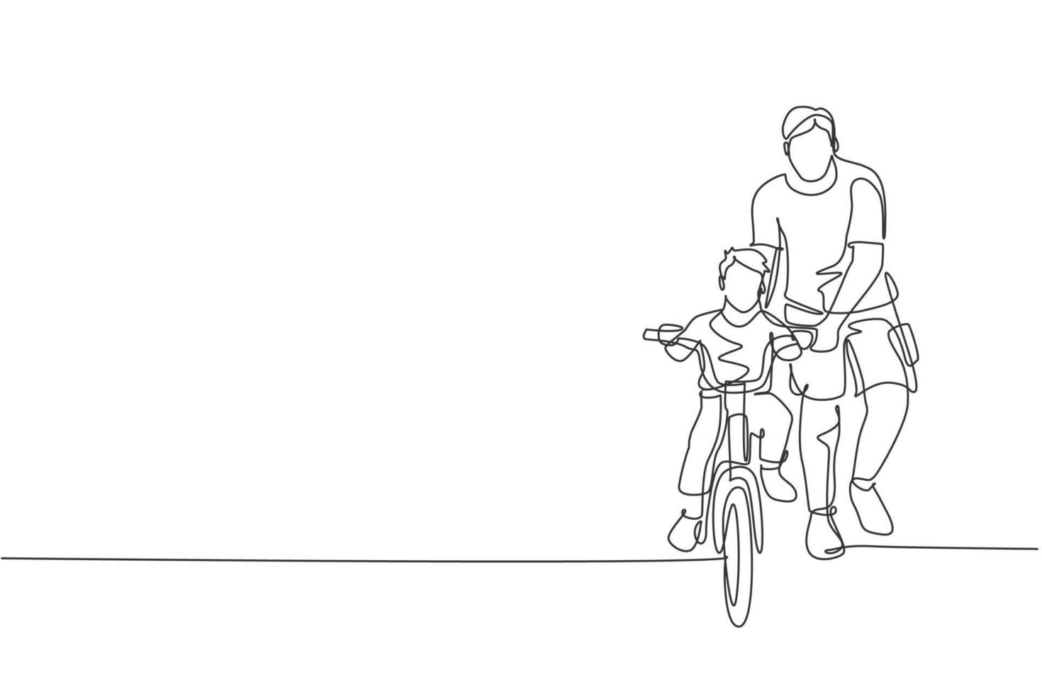 One continuous line drawing of young father help his boy kid learning to ride a bicycle at countryside together. Parenthood lesson concept. Dynamic single line draw design vector illustration graphic