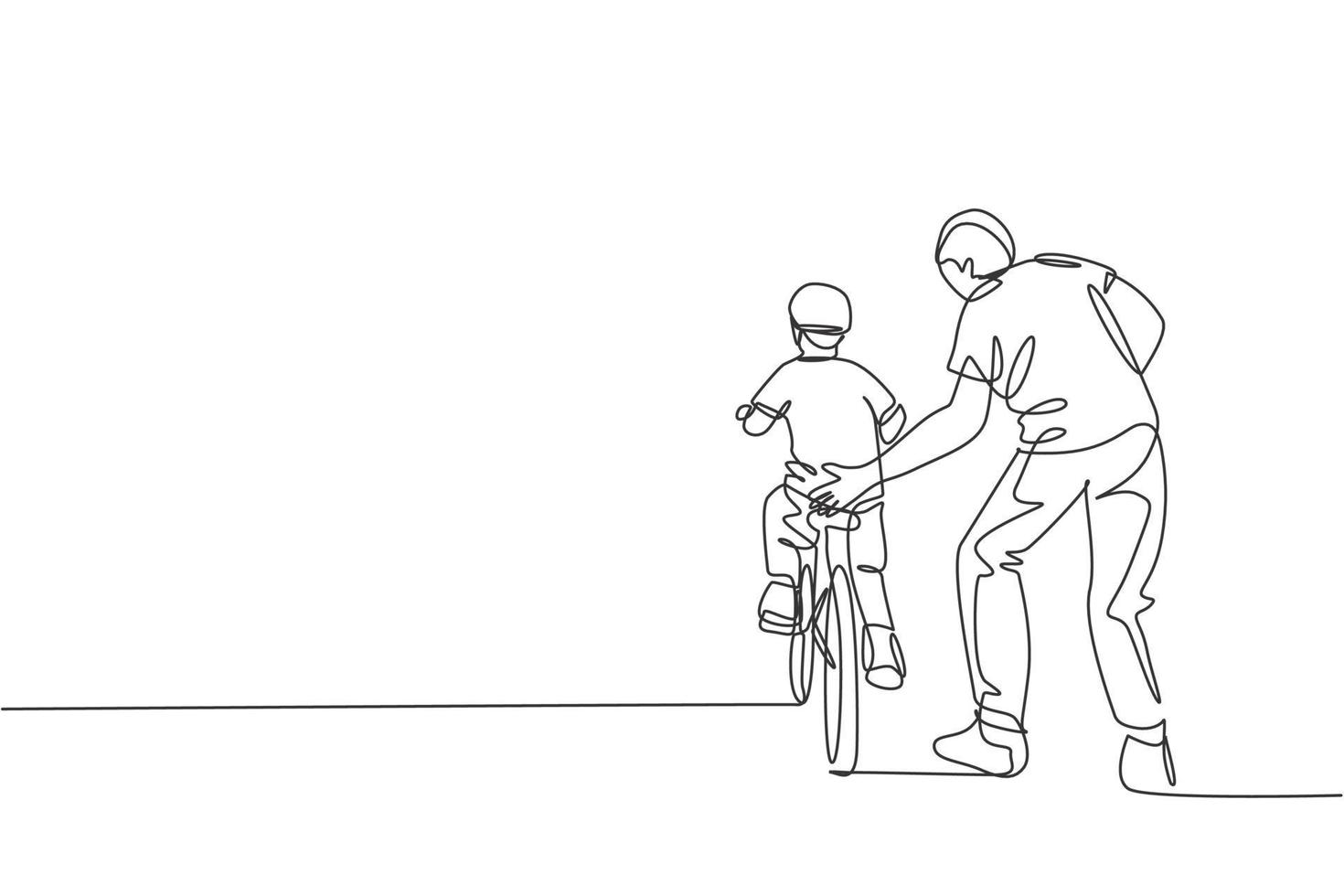 Single continuous line drawing of young son learning ride bicycle with father at outdoor park. Parenthood lesson. Family time concept. Trendy one line draw design vector illustration graphic
