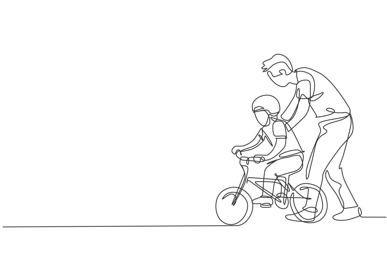 dibujo de línea continua única de niños pequeños aprendiendo a andar en bicicleta con su padre en el parque al aire libre. lección de paternidad. concepto de tiempo en familia. Ilustración de vector gráfico de diseño de dibujo de una línea de moda