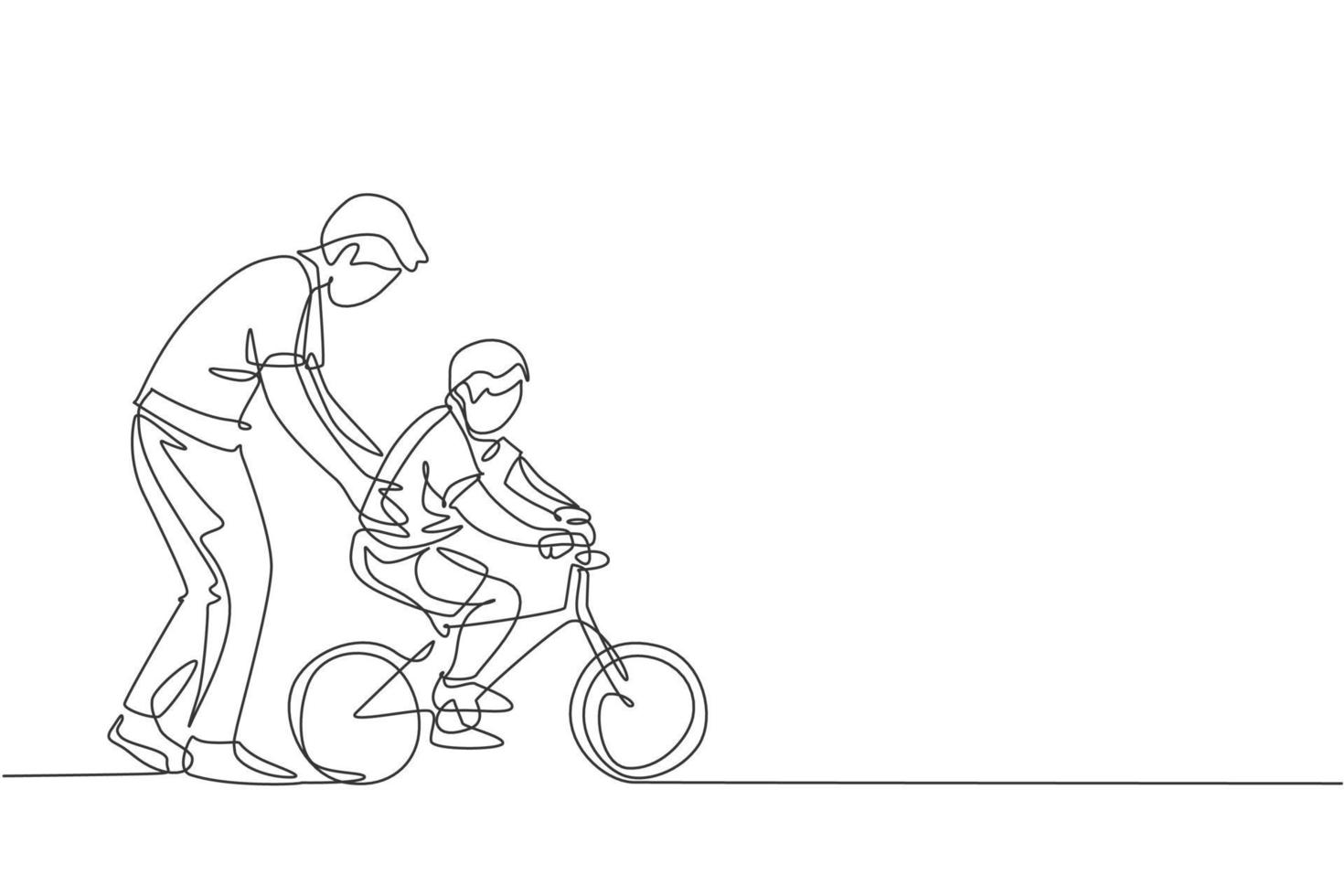 One continuous line drawing of young father help his boy kid learning to ride a bicycle at countryside together. Parenthood lesson concept. Dynamic single line draw design graphic vector illustration