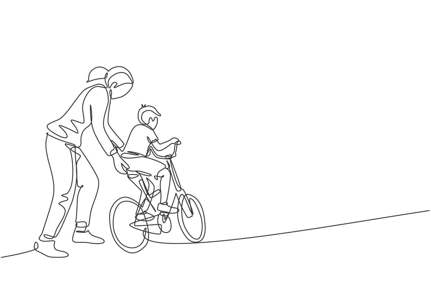 One single line drawing of young mother teaching her son riding bicycle at public park vector graphic illustration. Motherhood lesson. Urban family time concept. Modern continuous line draw design