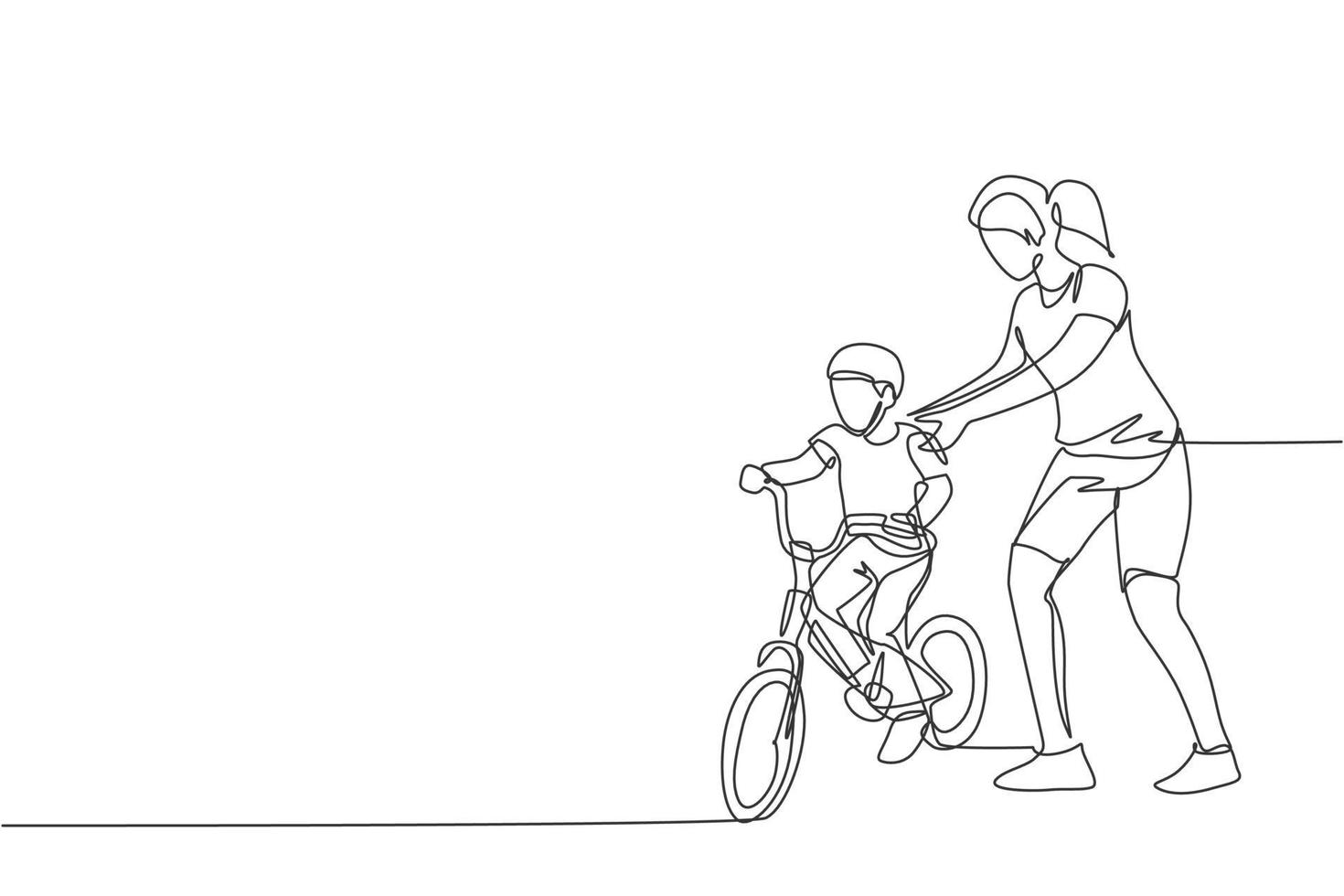 Incorrecto postre error dibujo de línea continua única de niños pequeños aprendiendo a andar en  bicicleta con su madre