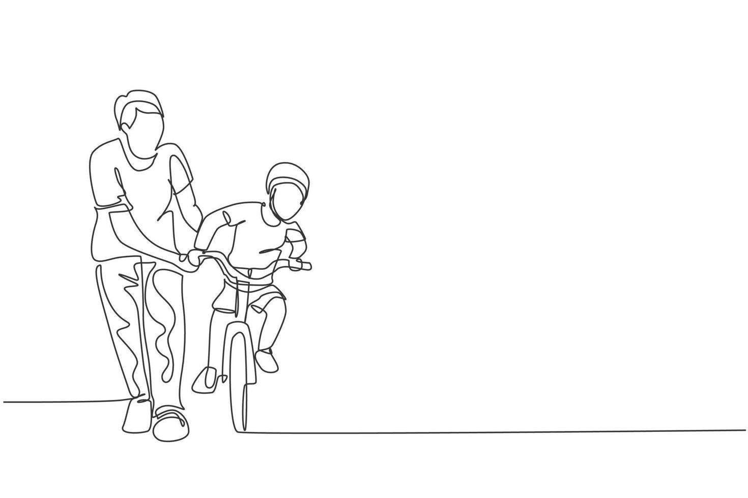 One single line drawing of young father teaching his boy kid riding bicycle at public park graphic vector illustration. Fatherhood lesson. Urban family time concept. Modern continuous line draw design