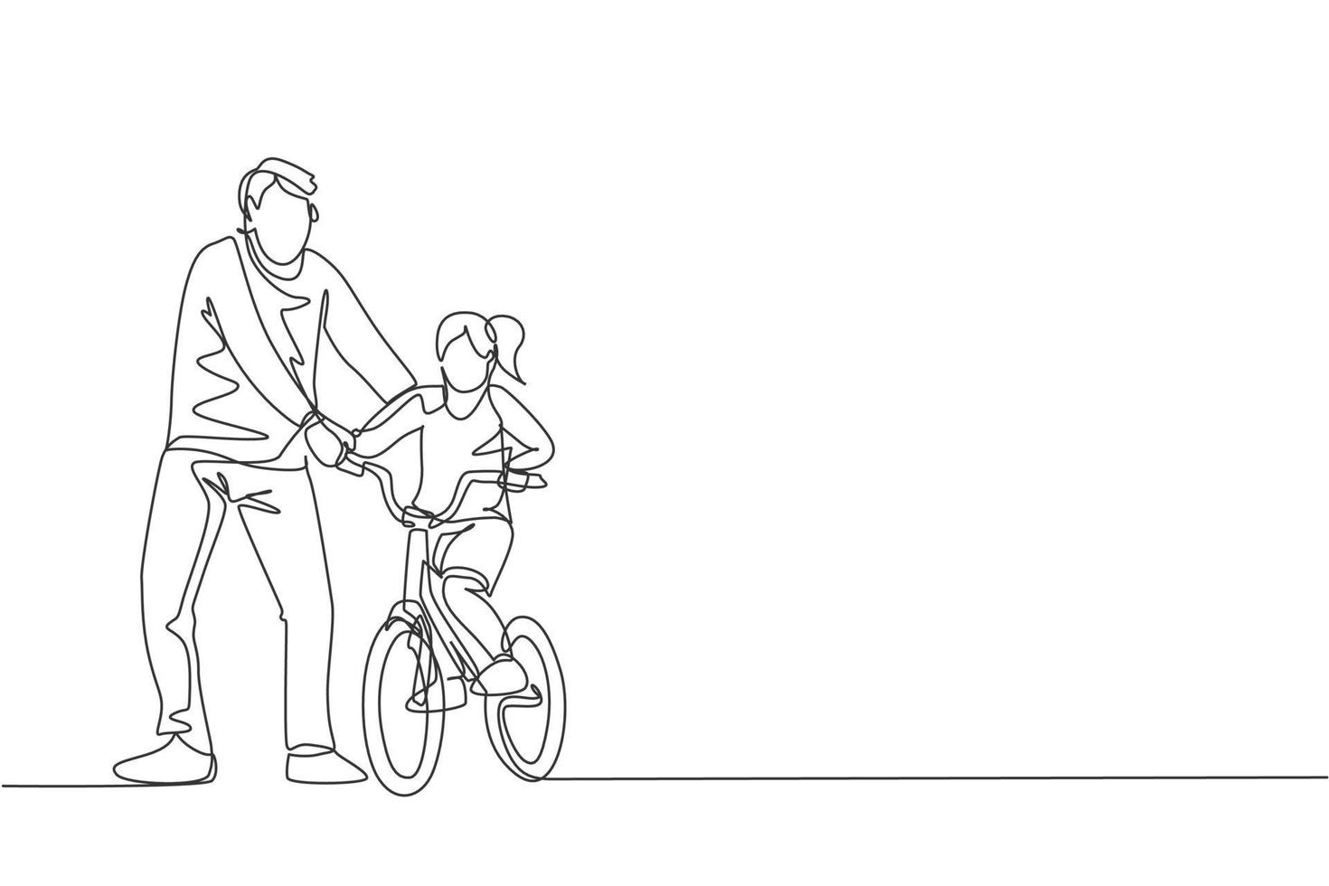 un dibujo continuo de un padre joven ayuda a su hija a aprender a andar en bicicleta en el campo juntos. concepto de lección de paternidad. Ilustración de vector gráfico de diseño de dibujo de línea única dinámica