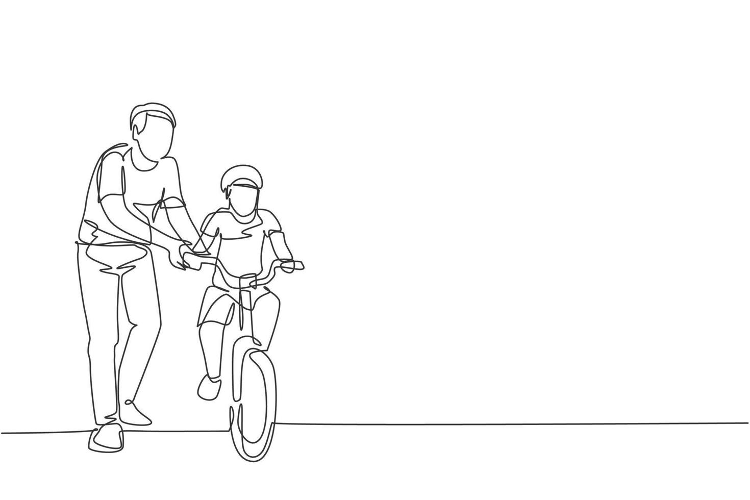 Single continuous line drawing of young kids boy learning ride bicycle with father at outdoor park. Parenthood lesson. Family time concept. Trendy one line draw design vector illustration graphic