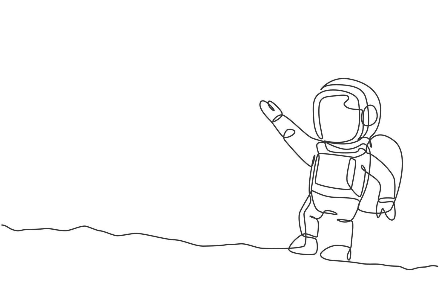 One continuous line drawing of young astronaut scientist exploring outer space in retro style. Spaceman cosmos discovery concept. Dynamic single line graphic draw design vector illustration