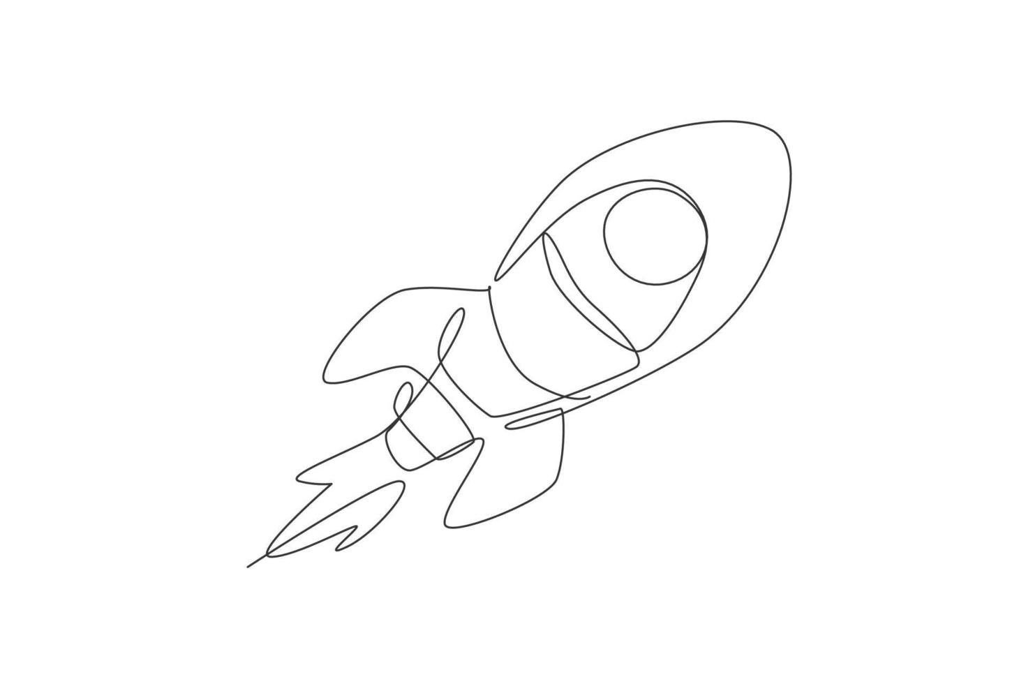 One continuous line drawing of simple retro spacecraft flying up to the outer space nebula. Rocket space ship launch into universe concept. Dynamic single line draw graphic design vector illustration